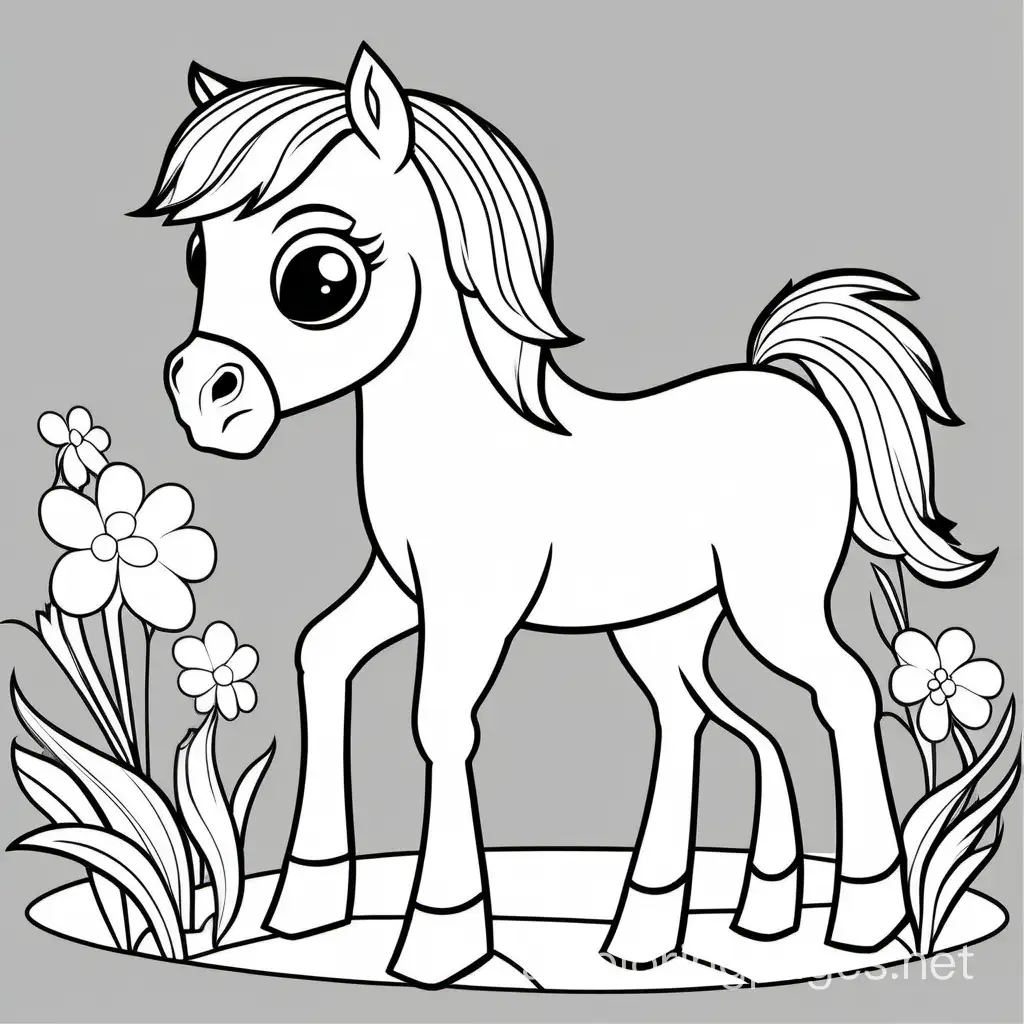 Cute horse, no background, Coloring Page, black and white, line art, white background, Simplicity, Ample White Space. The background of the coloring page is plain white to make it easy for young children to color within the lines. The outlines of all the subjects are easy to distinguish, making it simple for kids to color without too much difficulty
