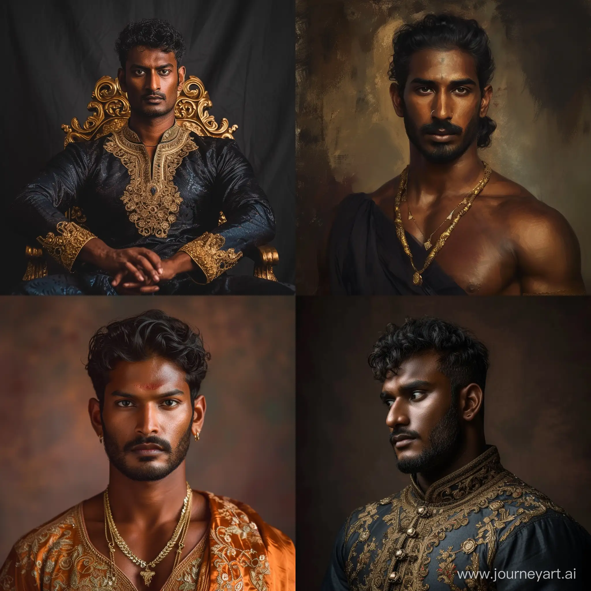 High quality and realistic portrait of a single man of age 25, athletic body Prince on medieval era of tamil kingdom