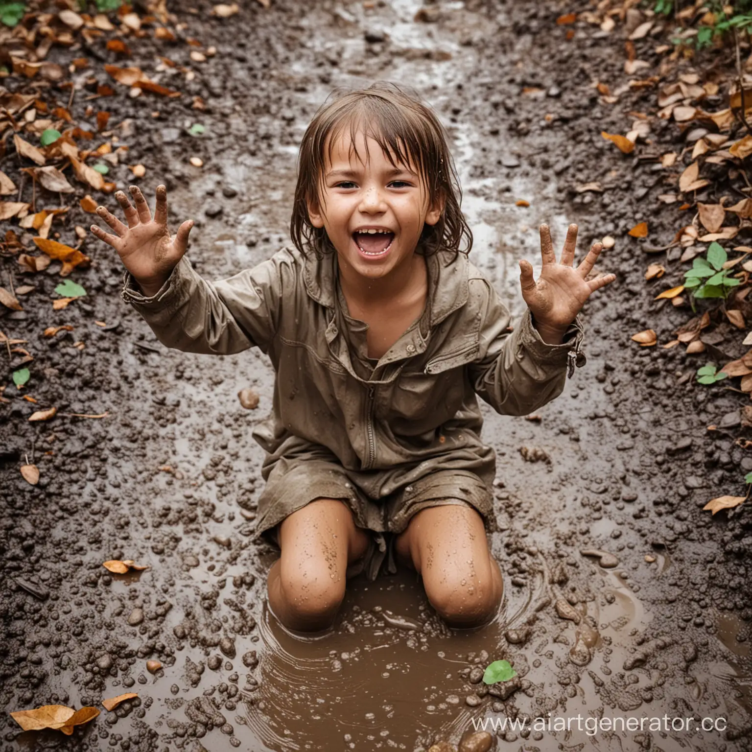 девочка ребенок сидит в грязной луже, вся ее одежда, руки и лицо в грязи,вокруг брызки и листья,ребенок смеется и весь грязный и мокрый, пять пальцев на руках у ребенка
