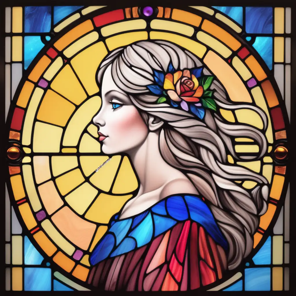 a design of a lady in stained glass with vibrant colors 

