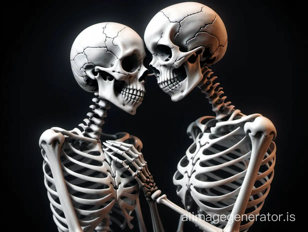 Two female skeletons in love embrace with one heart for them both realism