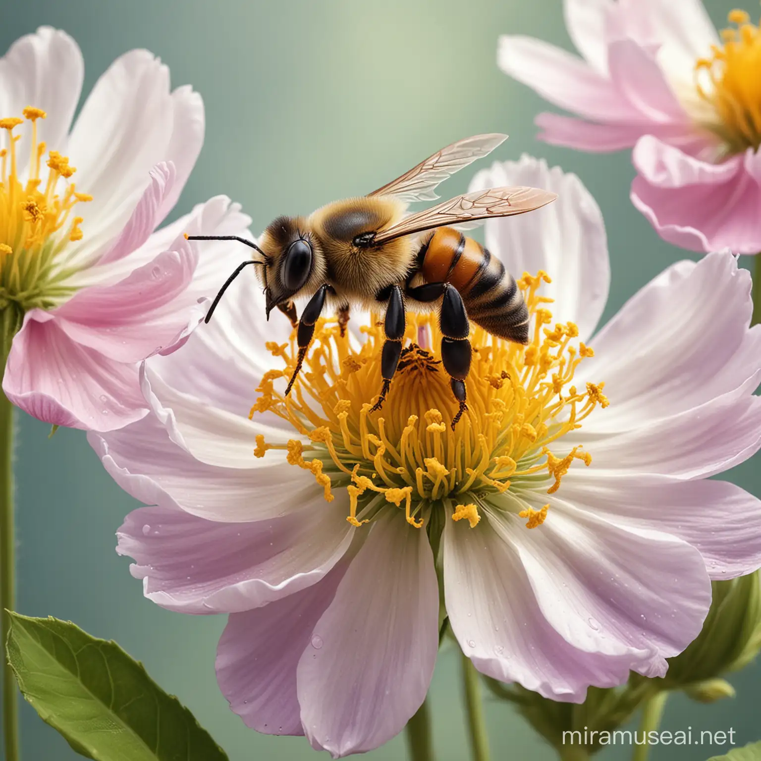 A bee collecting pollen from a flower, realistic art