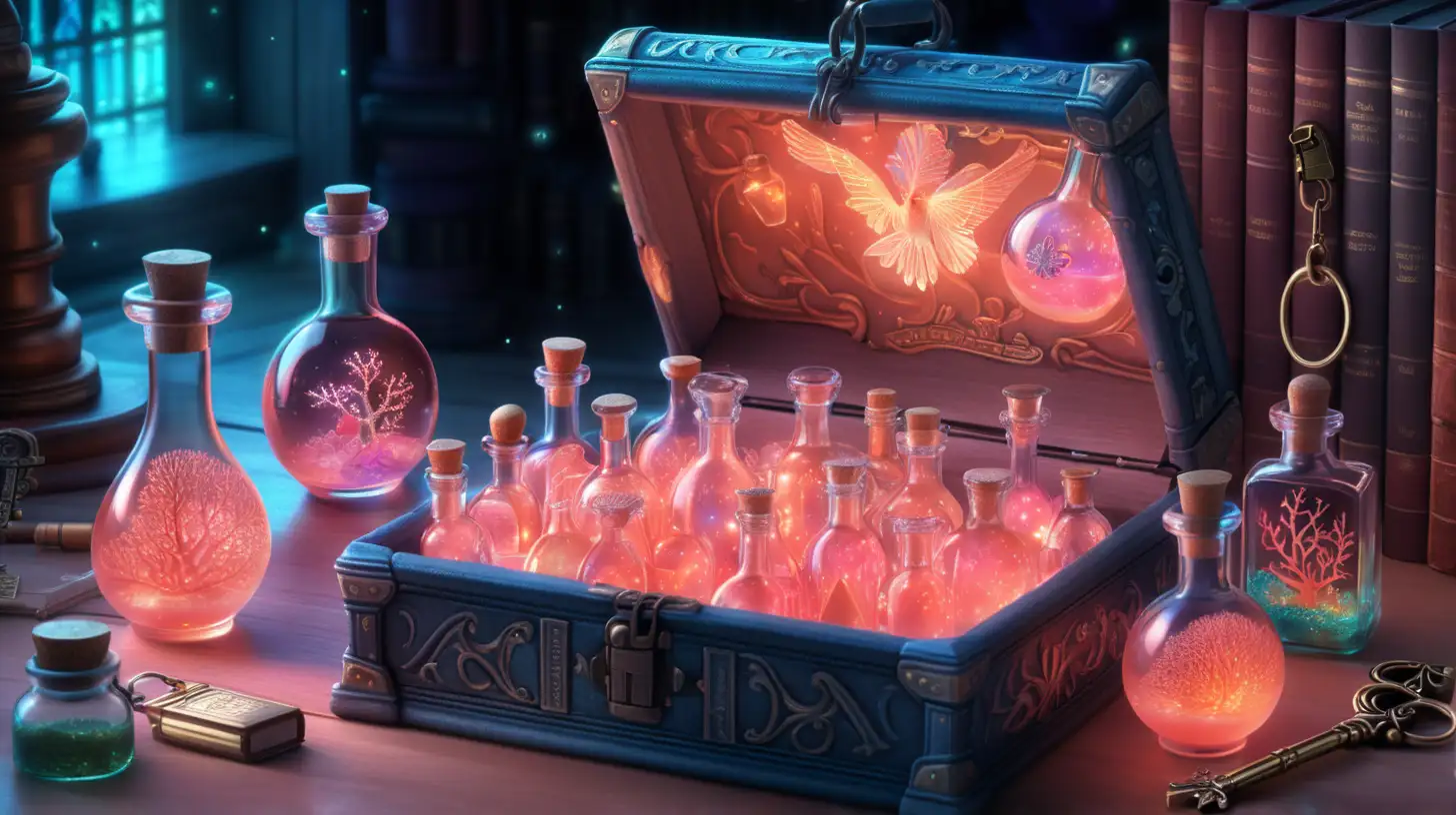 Enchanted Fairytale Library Glowing Keys and Iridescent Coral Potions