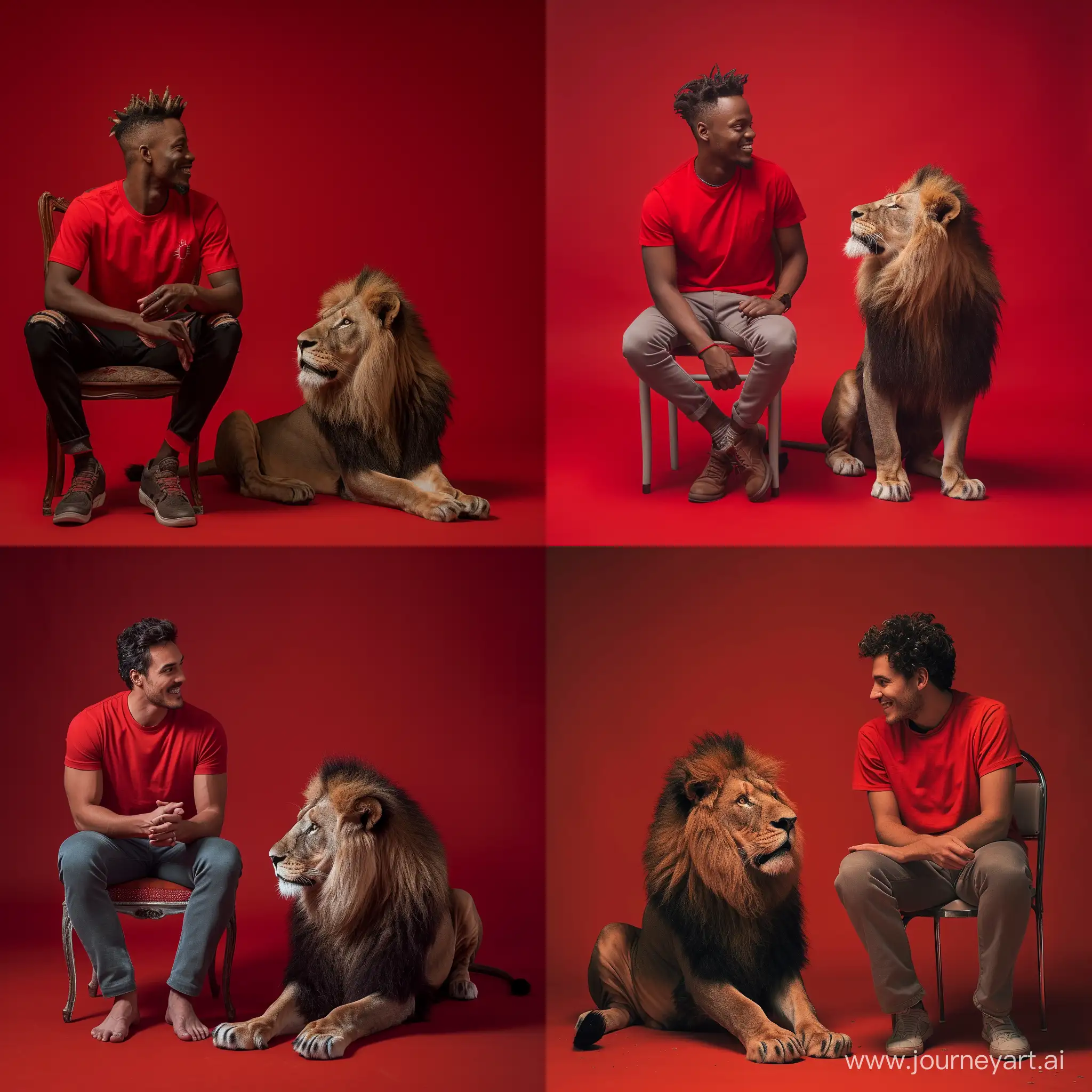 A man wearing a red T-shirt is sitting on a chair with a lion sitting next to him, The lion is sitting on the ground, The man and the lion look at each other, The man is smiling, studio photography, natural light, red background, stylize 750 --v 6