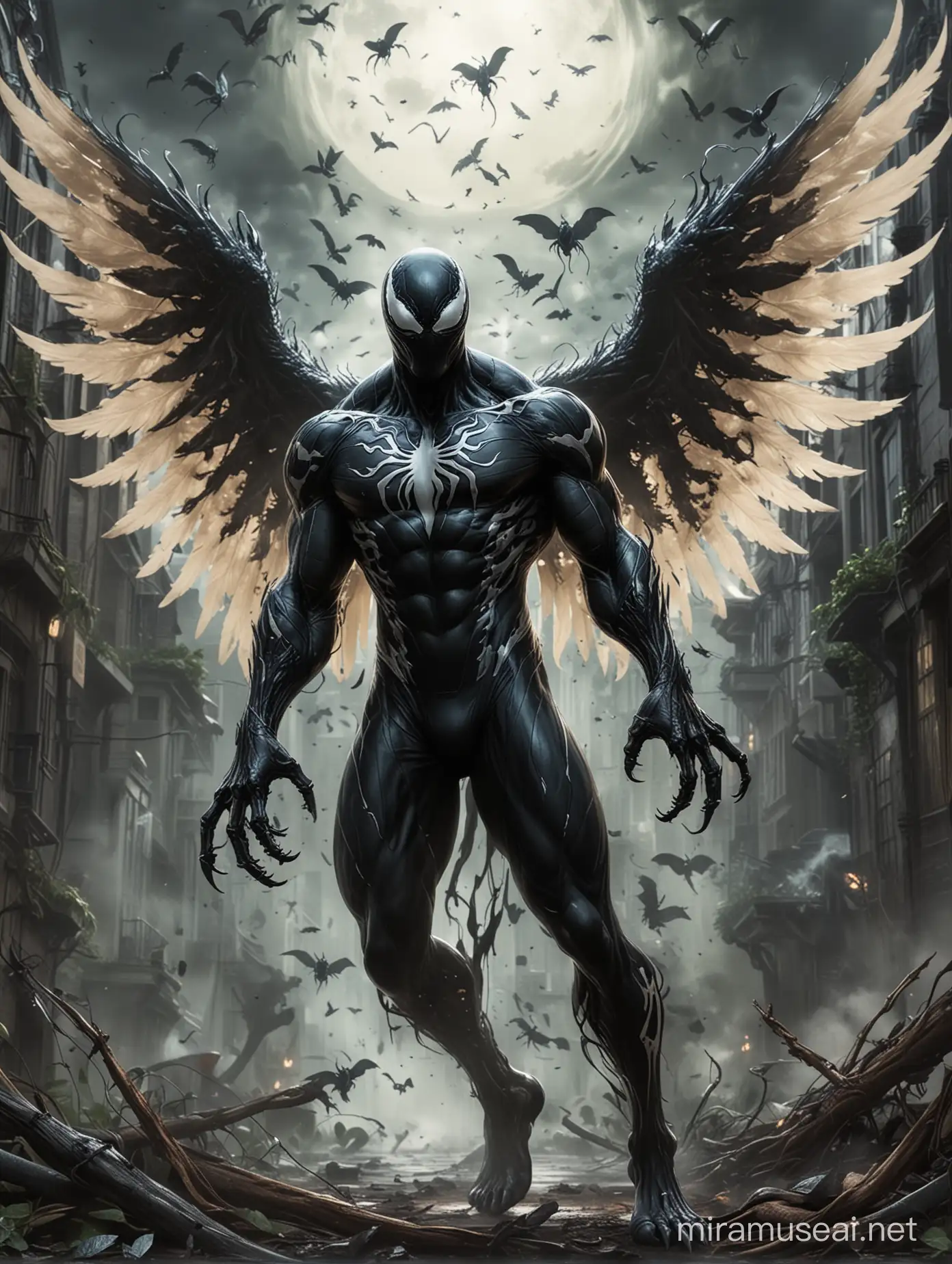 "Midjourney AI here. Venom's aggression with his new wings on his home planet, where the environment appears ominous and his aura permeates the surroundings, suggests a profound internal struggle. Perhaps the transformation triggered deep-seated emotions or conflicts related to his identity or past experiences. Understanding and addressing these underlying issues are crucial for Venom's well-being and the stability of his planet."