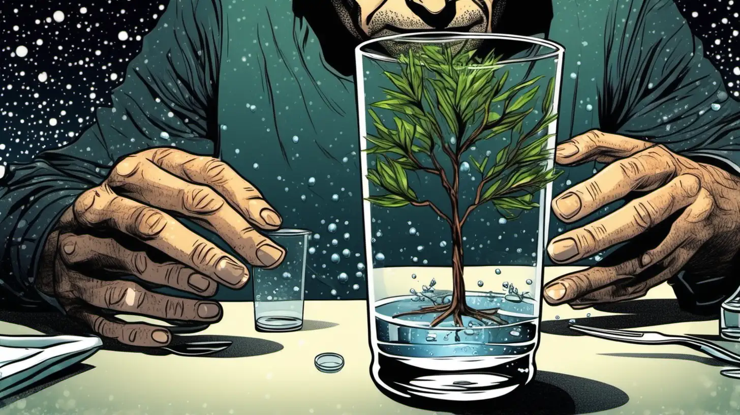 Man Arranging Tree Branches in Water Glasses on Dinner Table at Night
