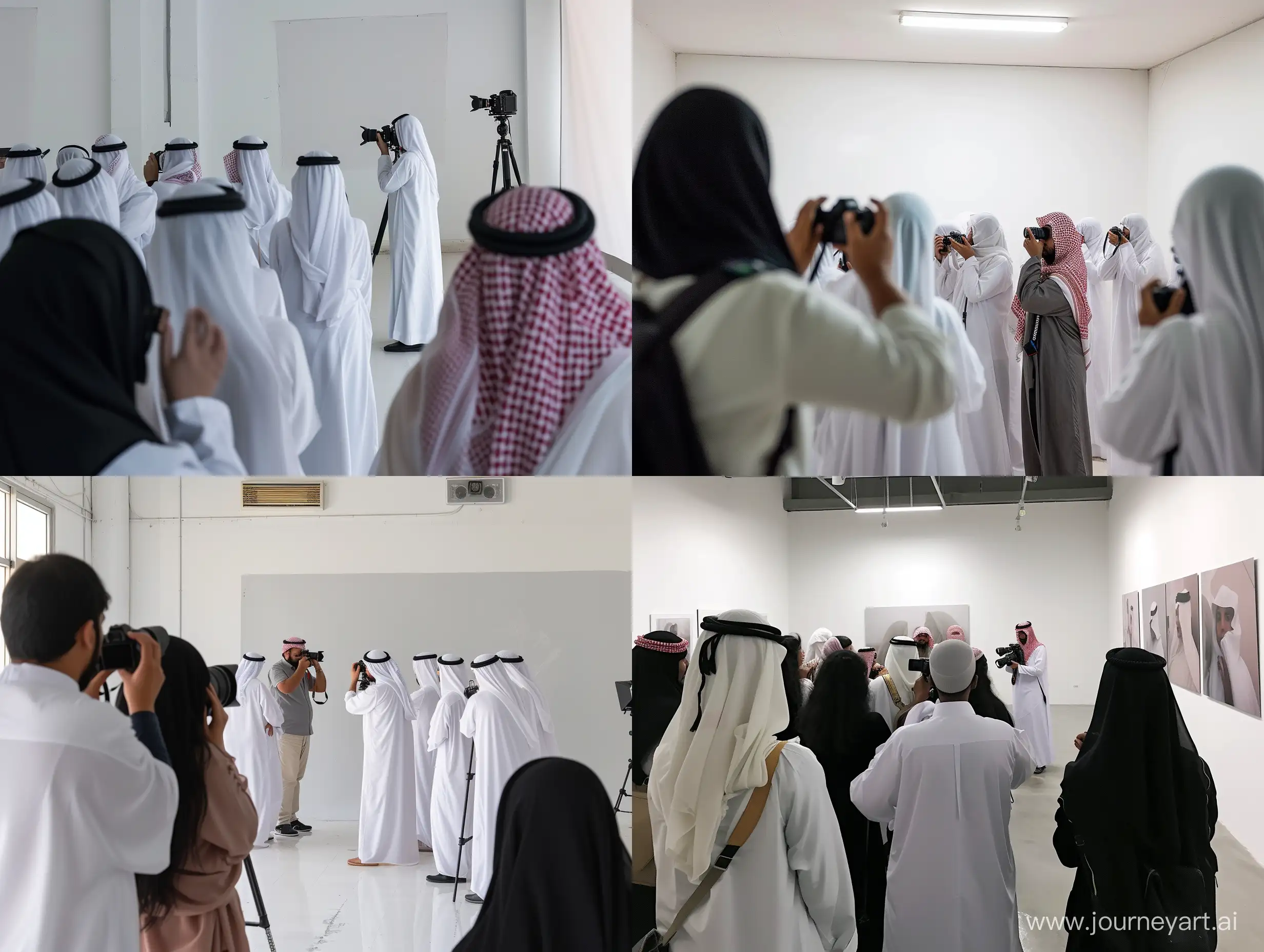 مجموعة مصورين في ورشة تدريبية في قاعة جدرانها بيضاء يقدمها مصور ويشرح لطلاب يرتدون ثياب بيضاء سعودية على جهاز الكاميرا (الصورة بعيدة)