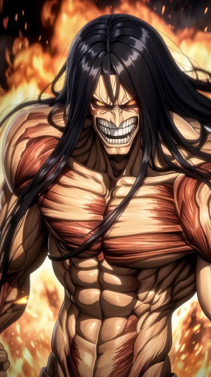 furious and angry male titan from anime Attack on Titans IN FLAMES AND STEAM, LONG BLACK HAIR, lack of skin and musculature visible exposing all his teeth, anime style