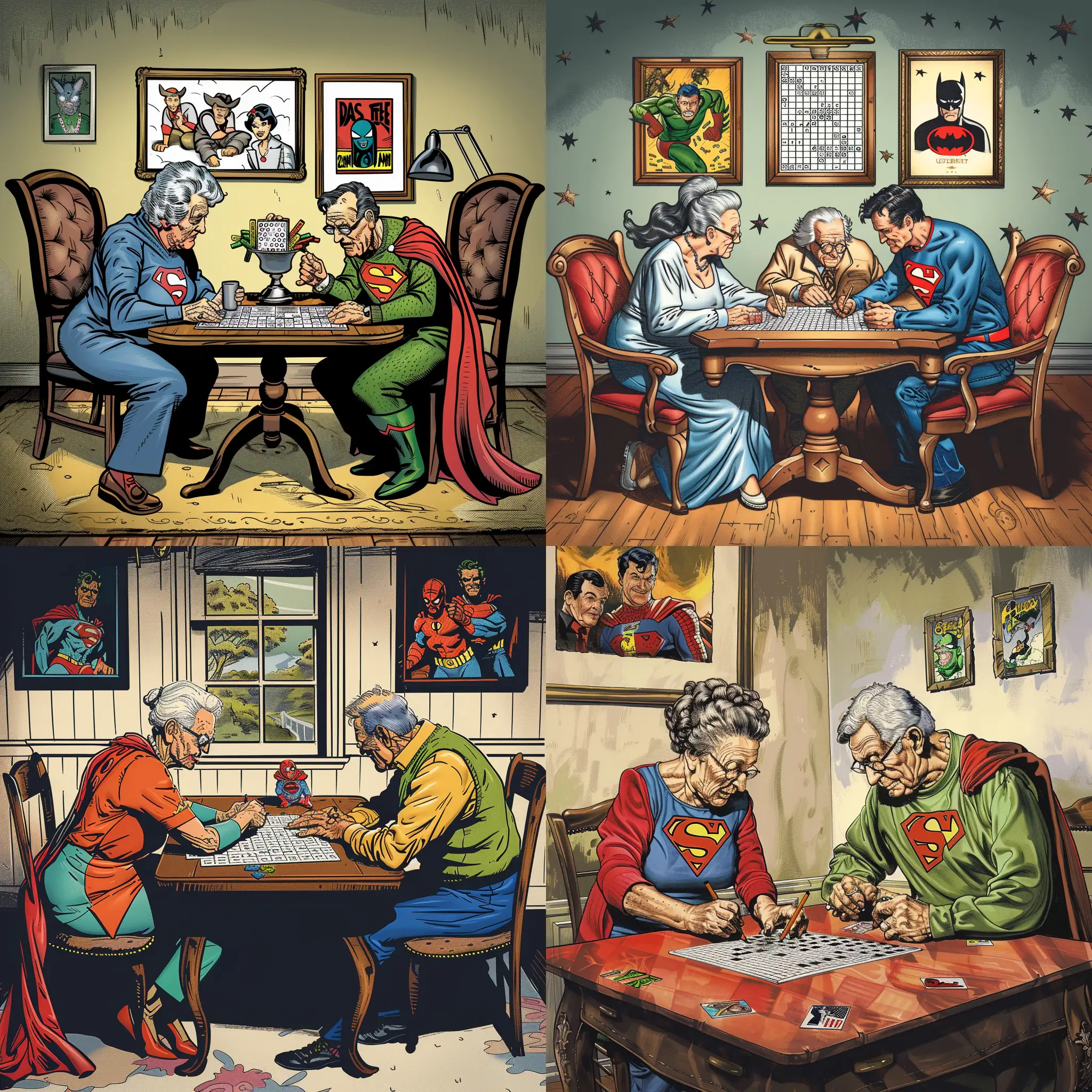 Imagine a grandma and grandpa sitting at a table doing word search puzzles, in color and comic book characters