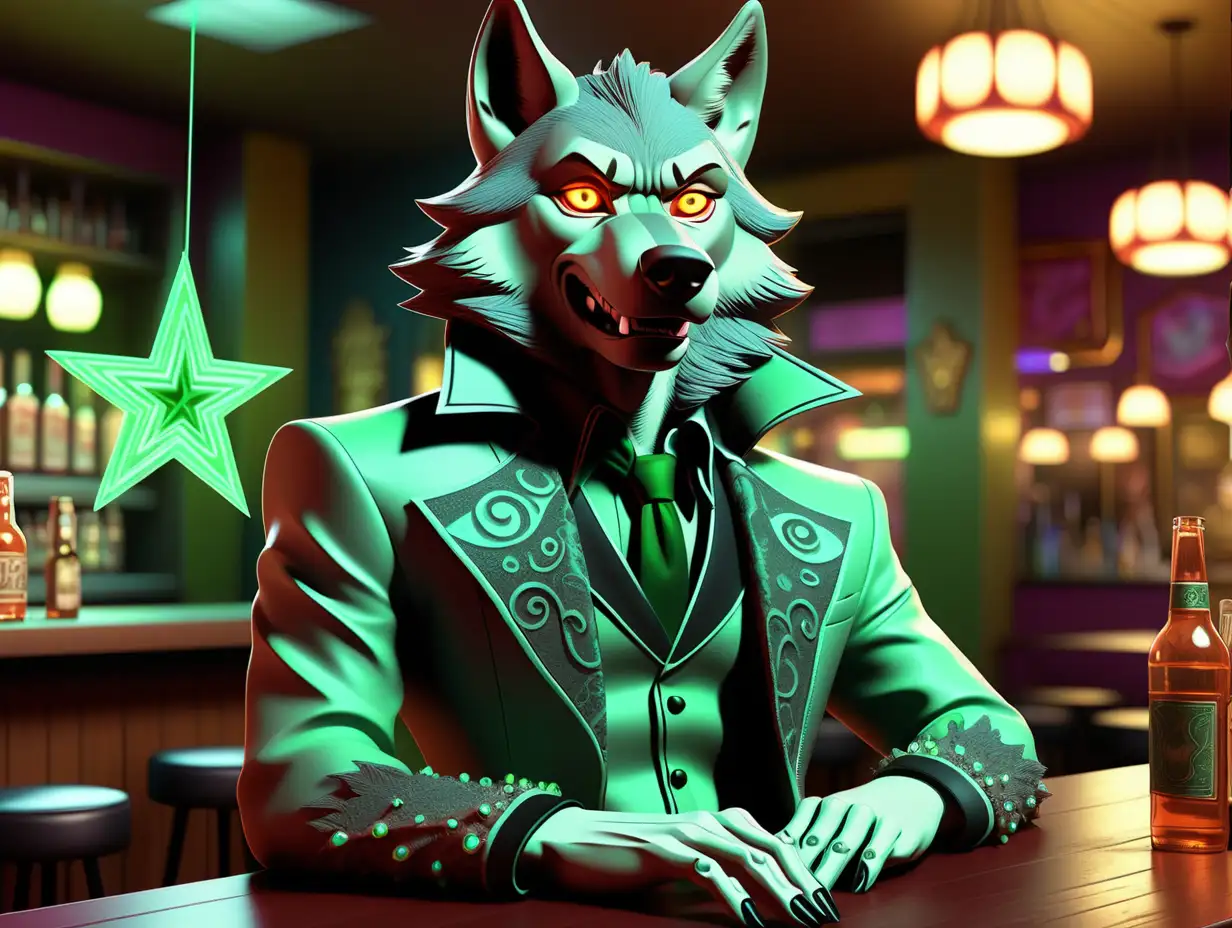 A full-length wolf in a pimp costume in a bar near the table above the table a glowing star is hanging in the air 
 His eyes burn with green fire in the moonlight, fairy tales, intricate details. —stylized rendering 750 —v 5.1 A, clear neo-pop illustrations, pop art graphics, southern Gothic —AR 4:5 —niji 5:
