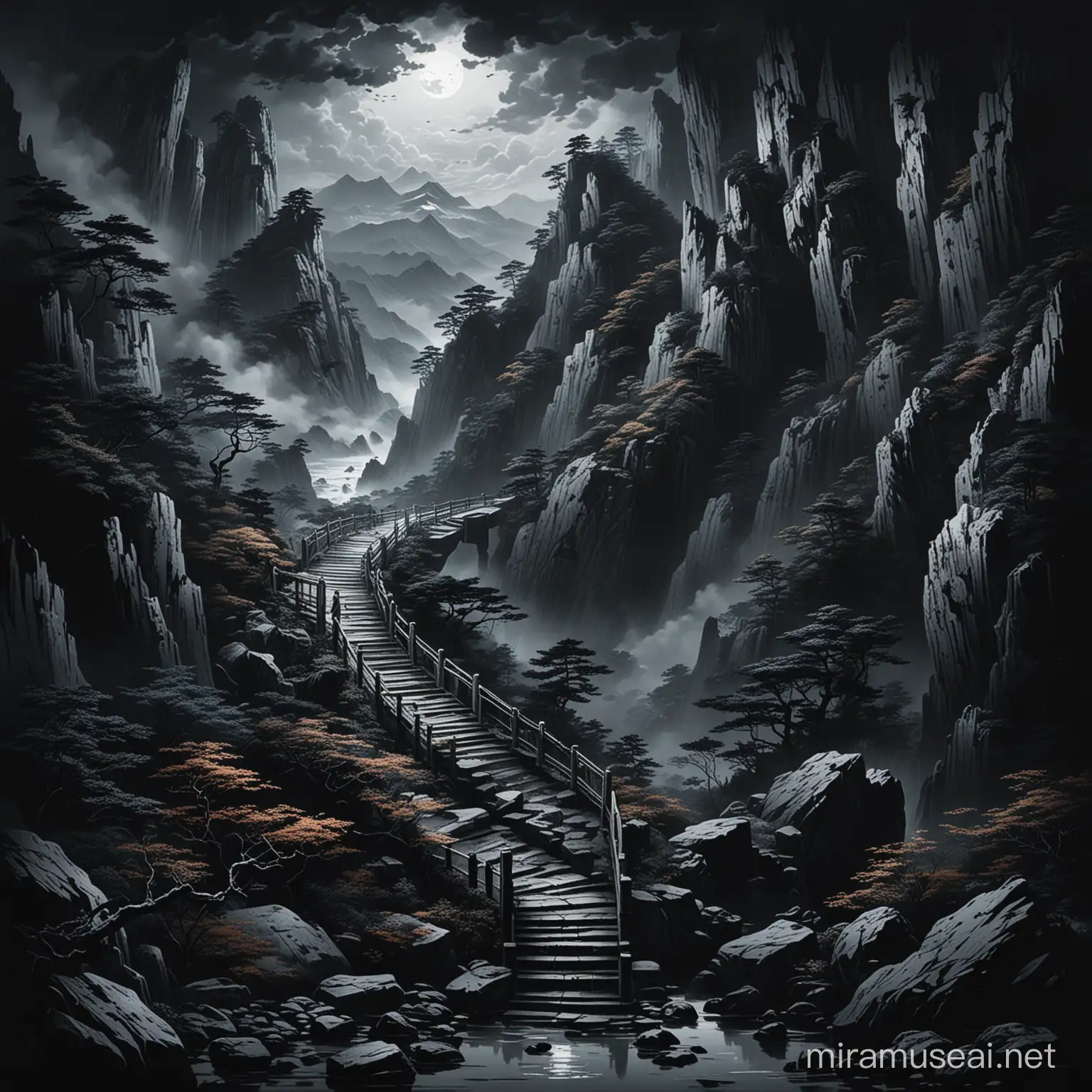 Japanese painting style,  staircase winding around a mountain, dark and ominous, located in a sea outside of space and time