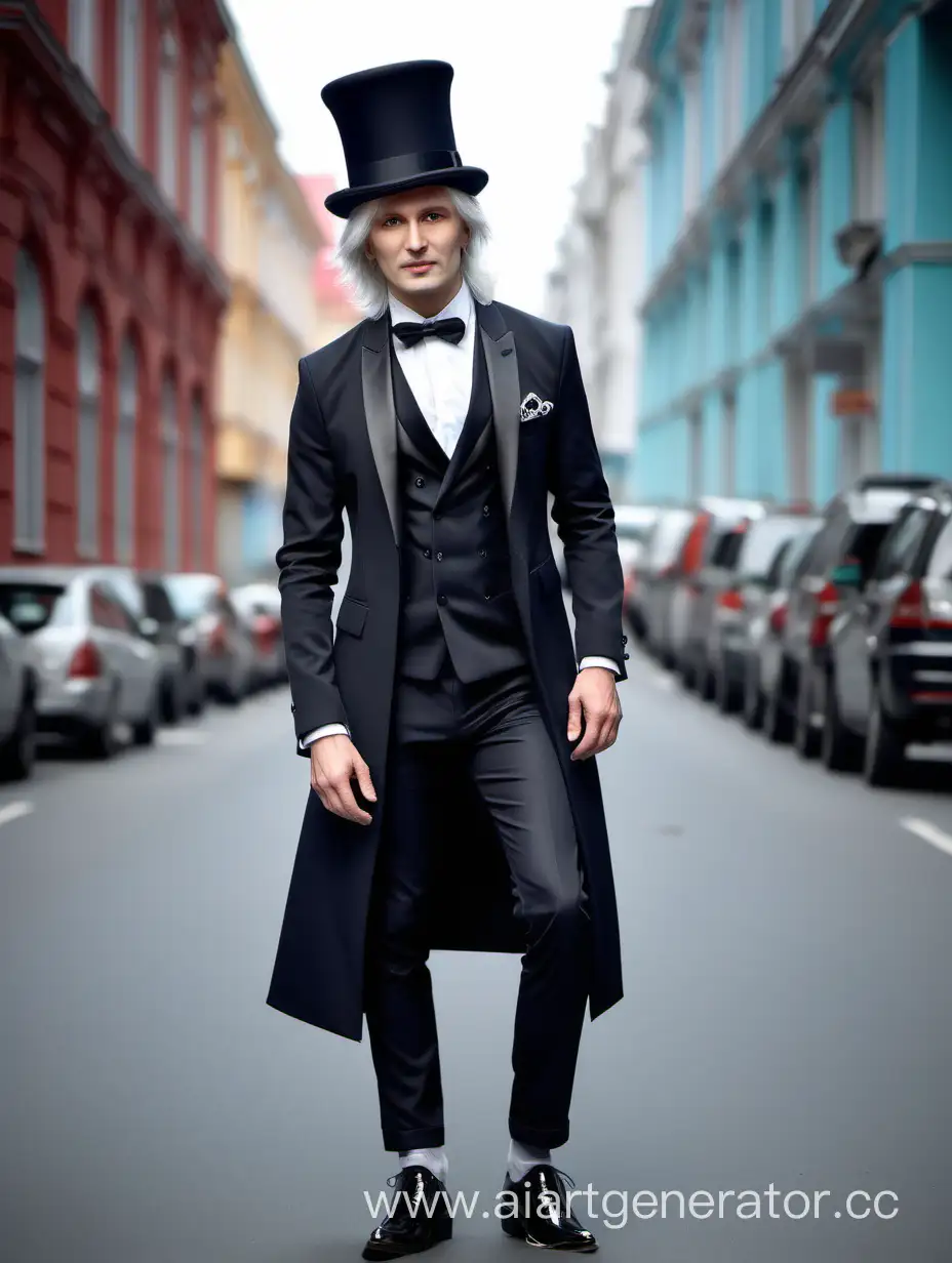 Русский парикмахер Сергей Зверев вышел в модном цилиндре, модный пиджак , стильные туфли, белые волосы.