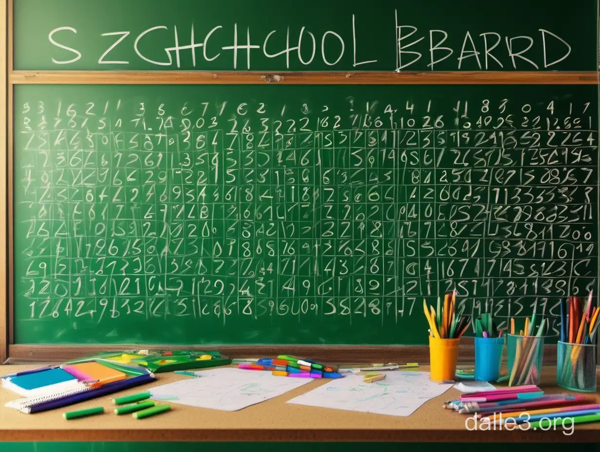 Школьная зелёная доска, на доске написаны цифры, рядом лежат карандаши, фломастеры, красиво, эстетично, ярко, шедевр