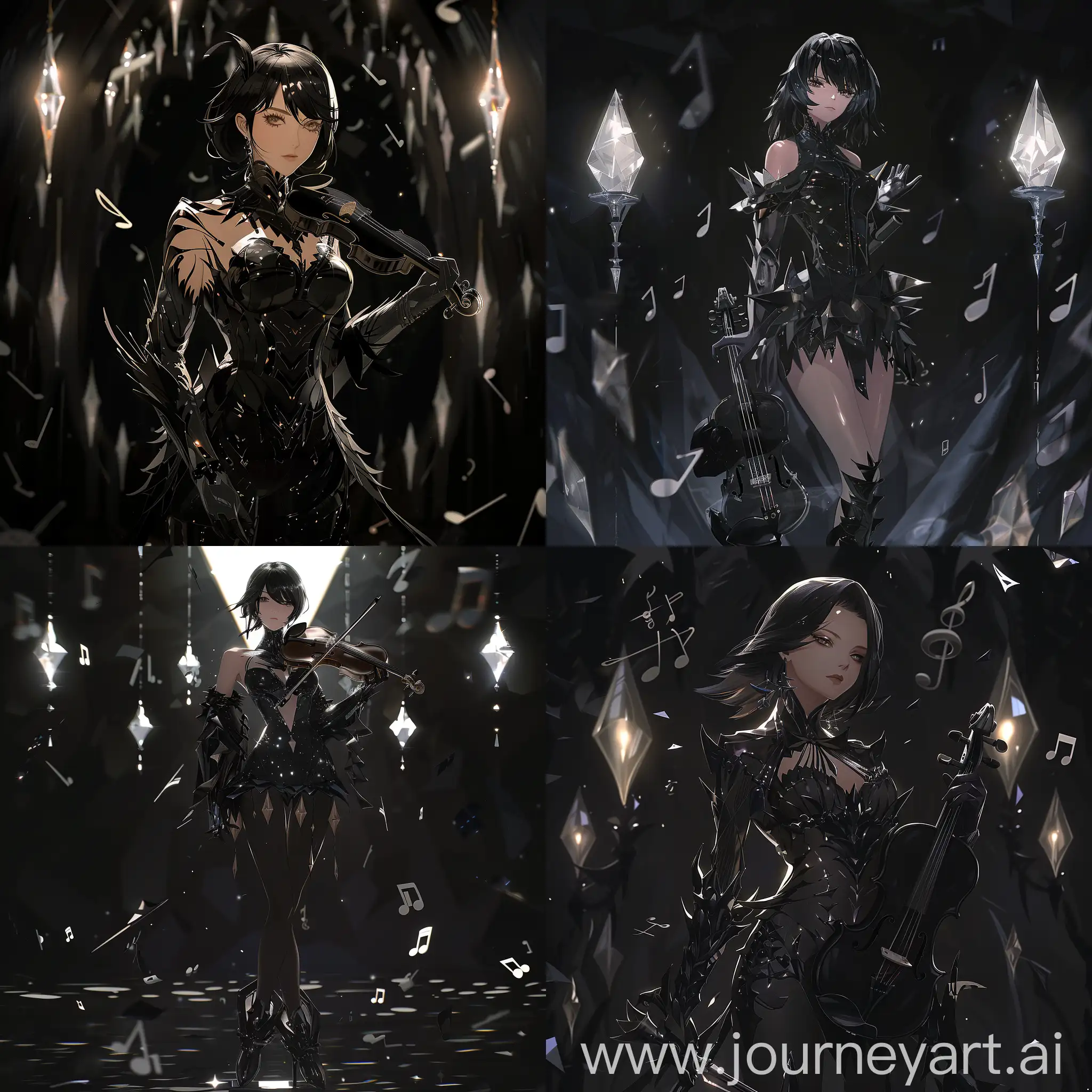 Create an artwork depicting Albedo from Overlord in a striking pose against a dark background. She is adorned in a meticulously designed black outfit with sharp, intricate details. The play of subtle light on the black surface adds an air of mystery and allure.  Albedo stands tall, gripping a violin, gazing into the distance with passionate eyes. Soft light from crystal lamps illuminates her flawless face, accentuating the alluring contours and distinctive beauty of this NPC. Musical notes seamlessly blend with the surroundings, creating an atmosphere of sophistication and mystique."