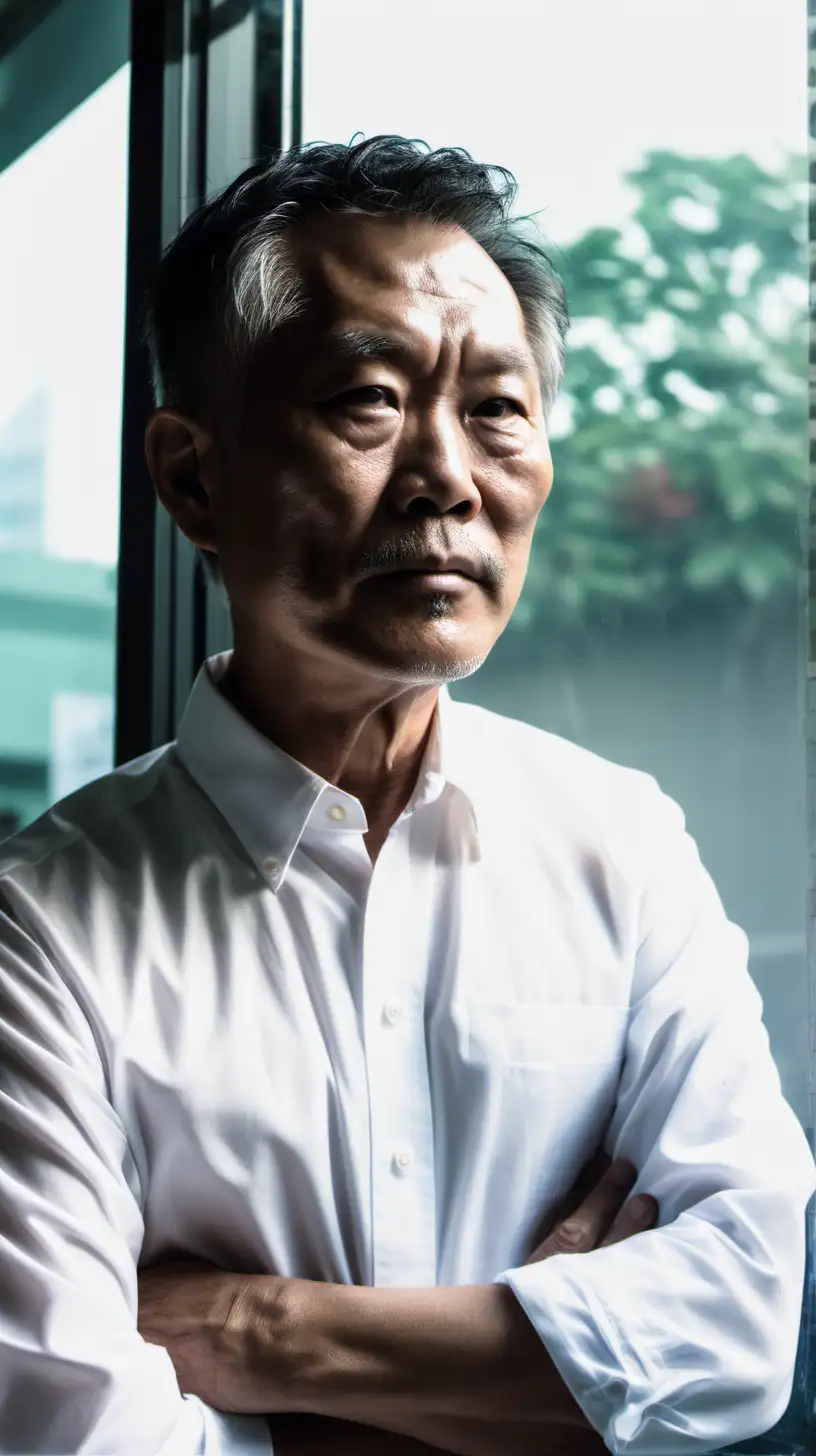 a 60 year old asian man, black short thin hair, wearing white button up, standing next to a glass window, his reflection can be seen on the window