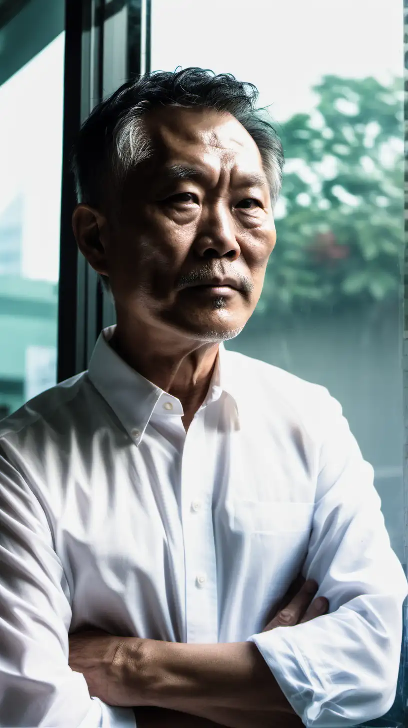 Mature Asian Man in Stylish Attire Reflecting by a Glass Window