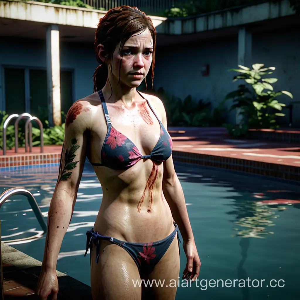 ellie from the last of us wearing a bikini at a swimming pool