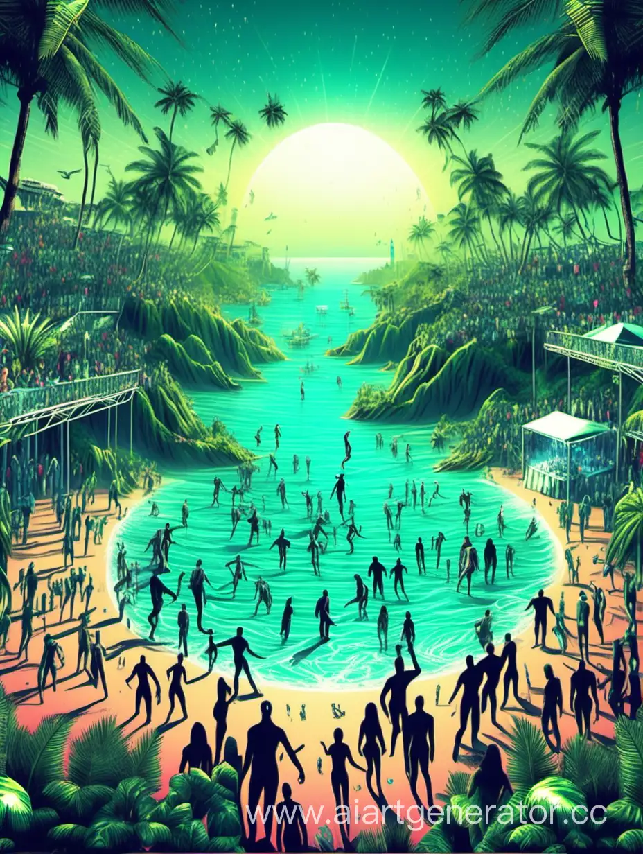 background for flyer, rave, sea, digital ai art, realistic , fx, effects, beach open air, party humans with aliens dance together on dance floor, jungle techno events, ocean , view from drone 