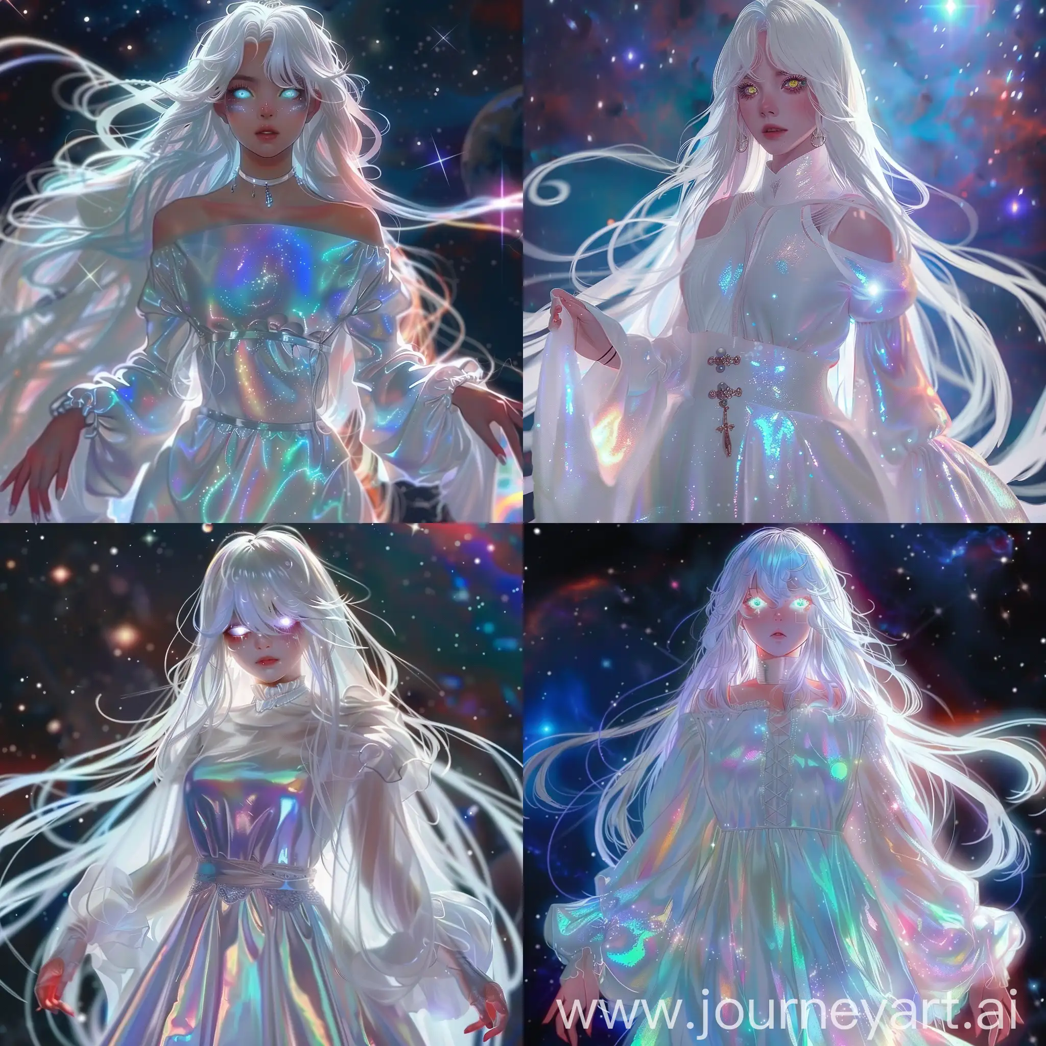 Lady with long white hair wearing an iridescent white dress with sleeves, cosmic environment, glowing eyes, Moe style girl 
