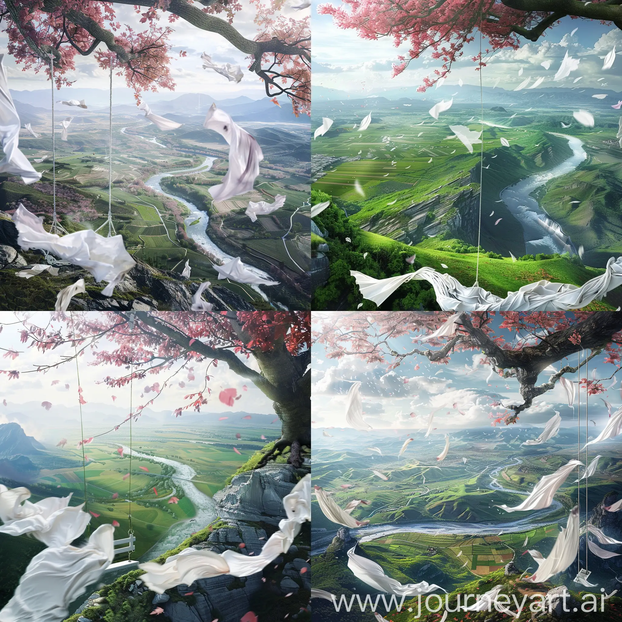 Uma imagem realista de uma vista de cima de uma montanha com campos verdes e uma árvore de folhas rosas com um balanço branco com panos brancos esvoaçantes e um largo rio