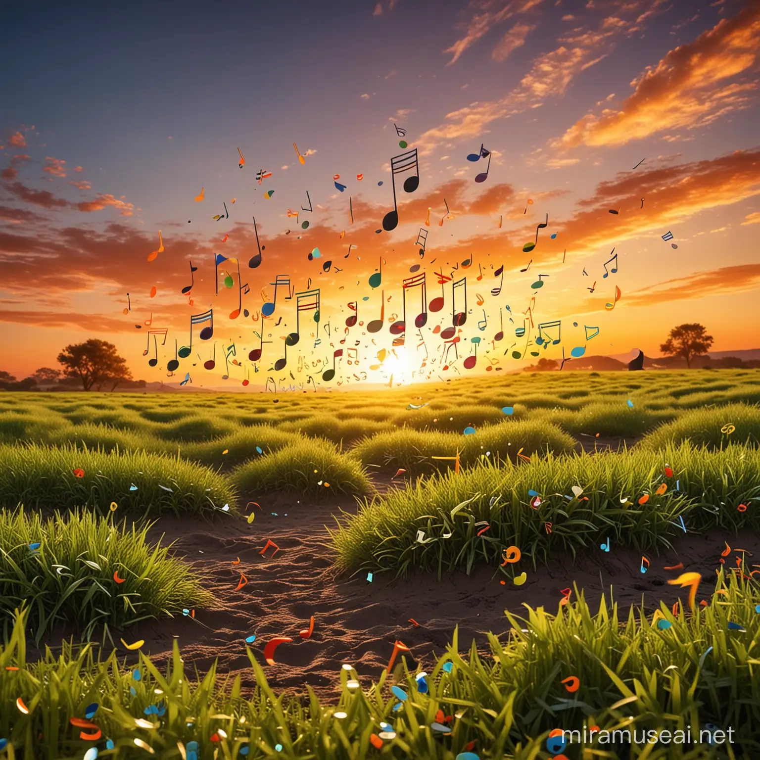 Colorful Musical Notes in Sunrise Sky Over Grassy Landscape