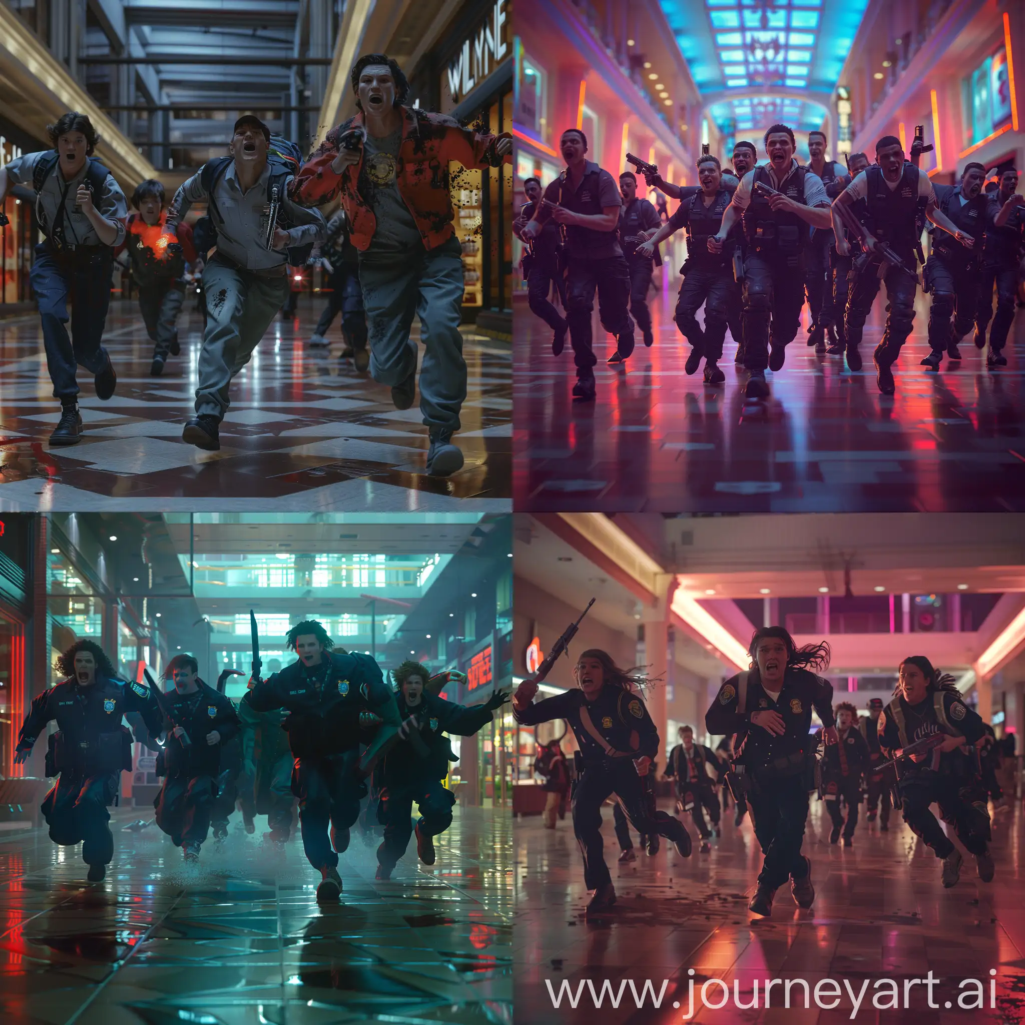photo-realistic, 4k,35mm, a group of mall security guards run from a pack of wild punk rock teens who chase them through the mall, they flee in terror as the punks wave weapons and laugh, atmospheric lighting 