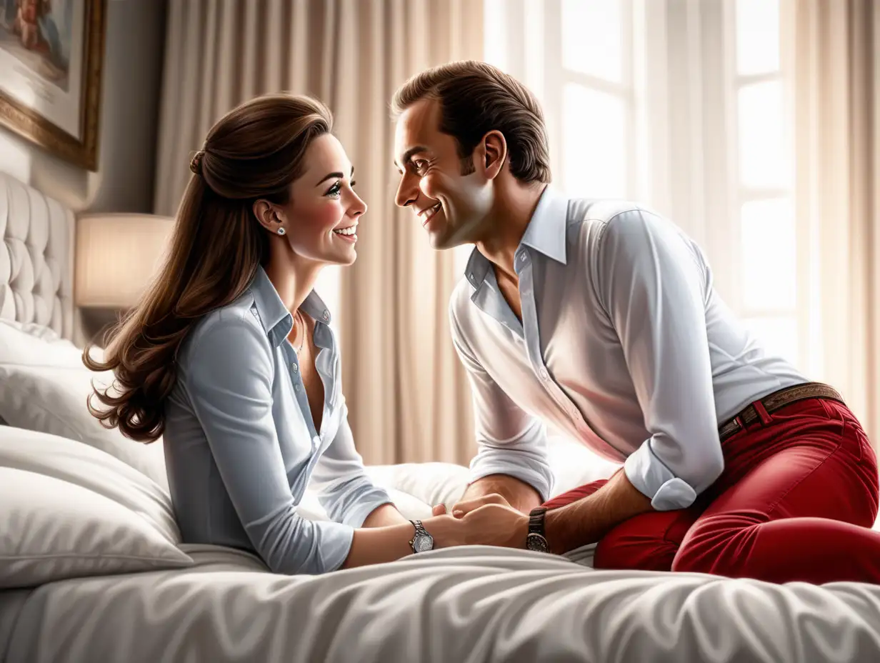Gros  plan, super realistic, couple in love, se regarde amoureusement sourire rafraîchissant, Kate Middleton,Chemise manches longues en satin stretch soyeux ivoire très très échancrée et micro jupe rouge vif et pieds nus couché on the bed in the bedroom with her husband an old Andean man white shirt and jeans and pieds nus, facing towards the viewer, warm bedroom decor, two large pillows on the bed, bedding color scheme is brown, bedroom decor white-graphite.