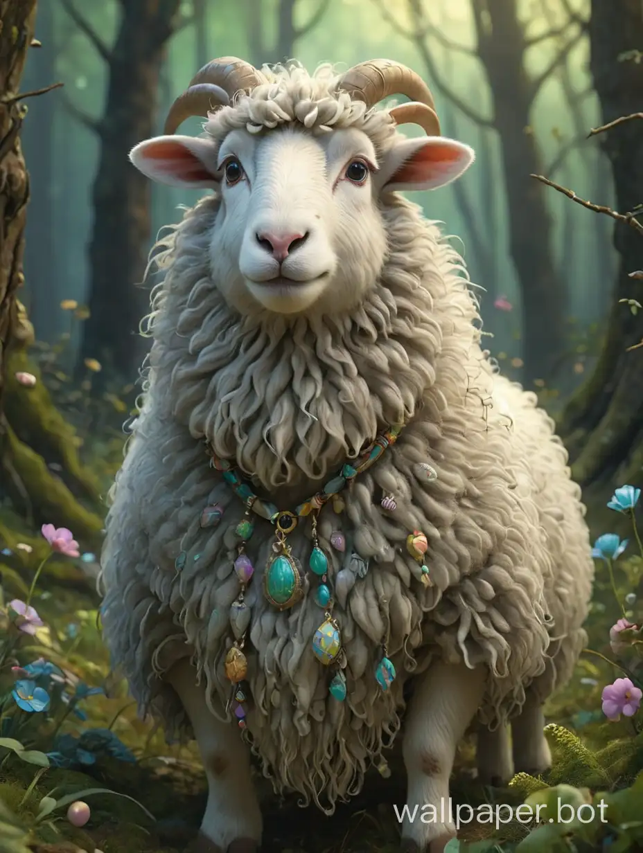 Easter sheep, mysterious, in mystical style clothes, soft, fairytale, surrealism, enchanted forest background, intricate details, 3D rendering, octane rendering. Monique Moreau.