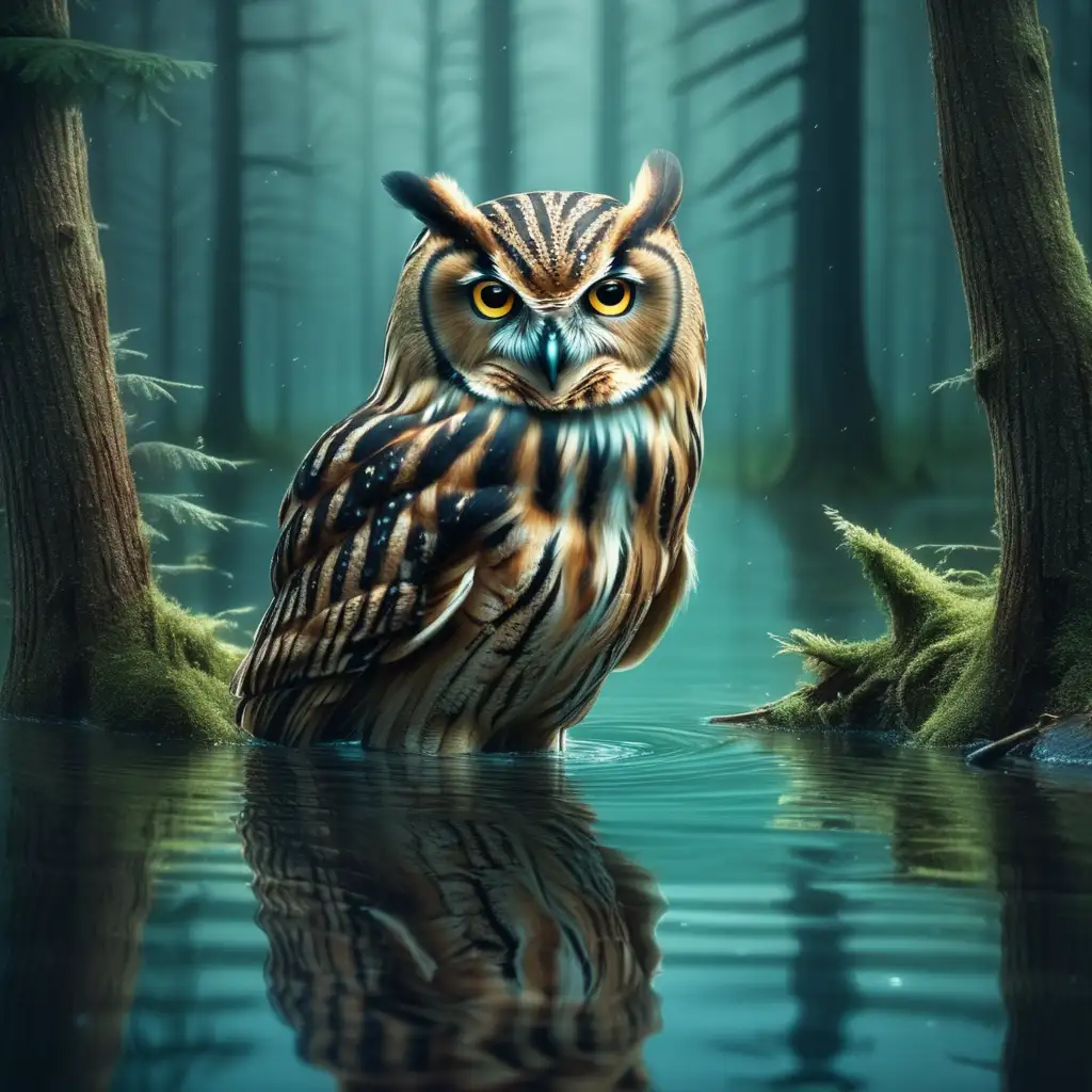 Mysterious Owl Amidst Enchanting Forest and Reflective Waters