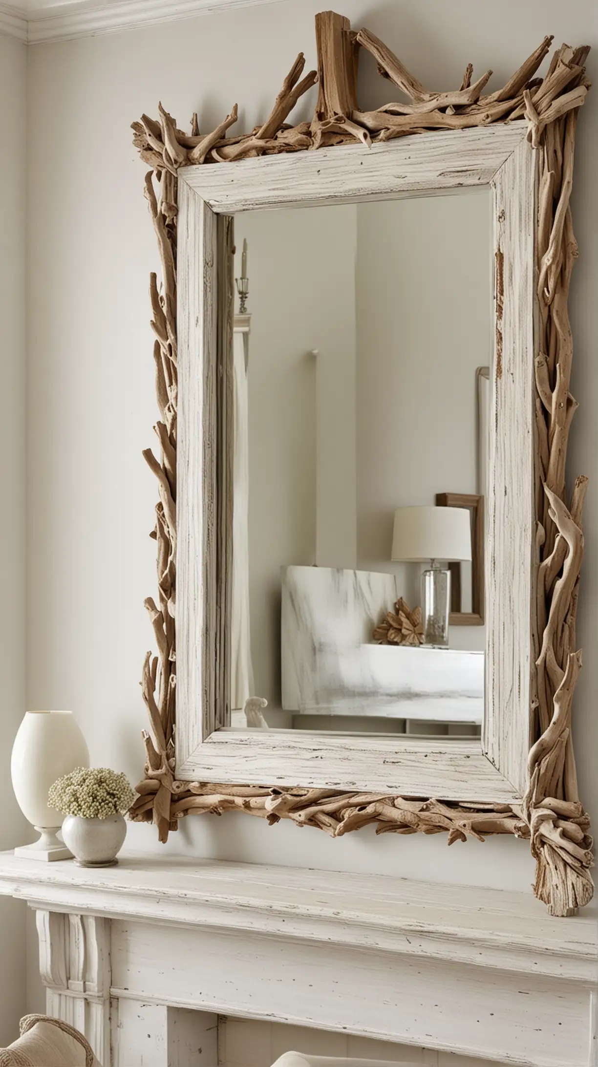create me the image of Coastal Chic living room idea. Make sure to add the sitting or sofa in the frame. Furthermore everything in the idea should be in the frame of image like. Here's the design you have to create for me [Weathered Mirrors

Hanging mirrors with weathered frames that resemble driftwood not only add functionality but also enhances the coastal theme. They reflect light beautifully, making the space feel larger and brighter.]