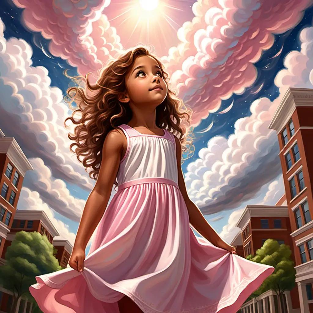Flat art, children's book, cute, 7 year old girl, tan skin, light hazel eyes looking up, long tight curl brown hair, angelic, clouds, imagine, college building , day dream, beautiful, pink and white dress,