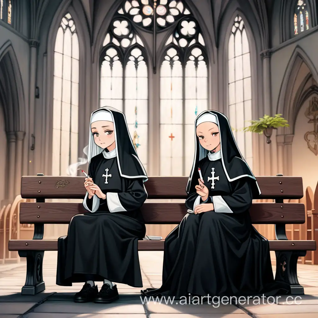 Fantasy-Anime-Style-Twin-Nuns-in-Contrasting-Moods-at-Gothic-Church-Bench