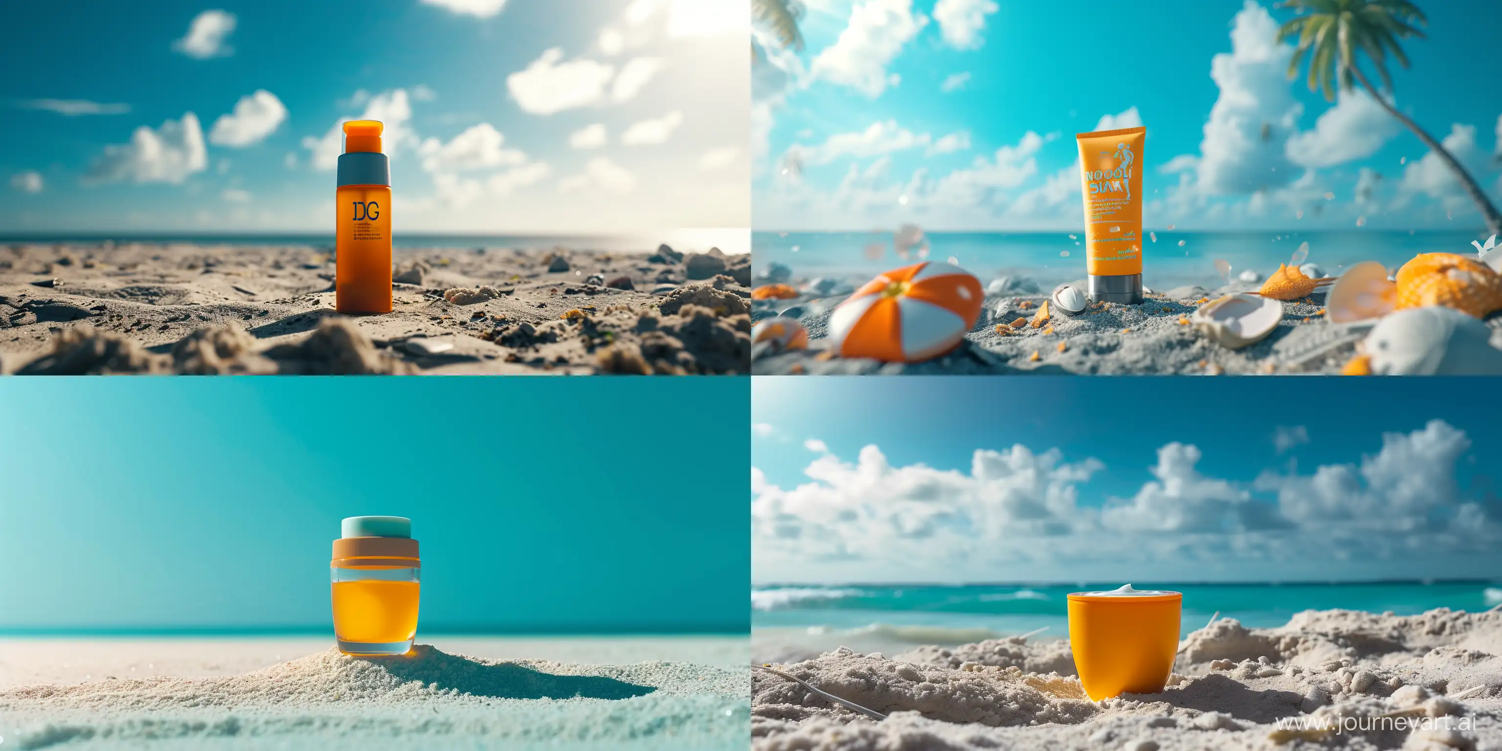 Studio shoot of a sunscreen cream, in a beach, blue sky, photo in style IMAX films, with Nikon newst studio shoots setups. --ar 4:2