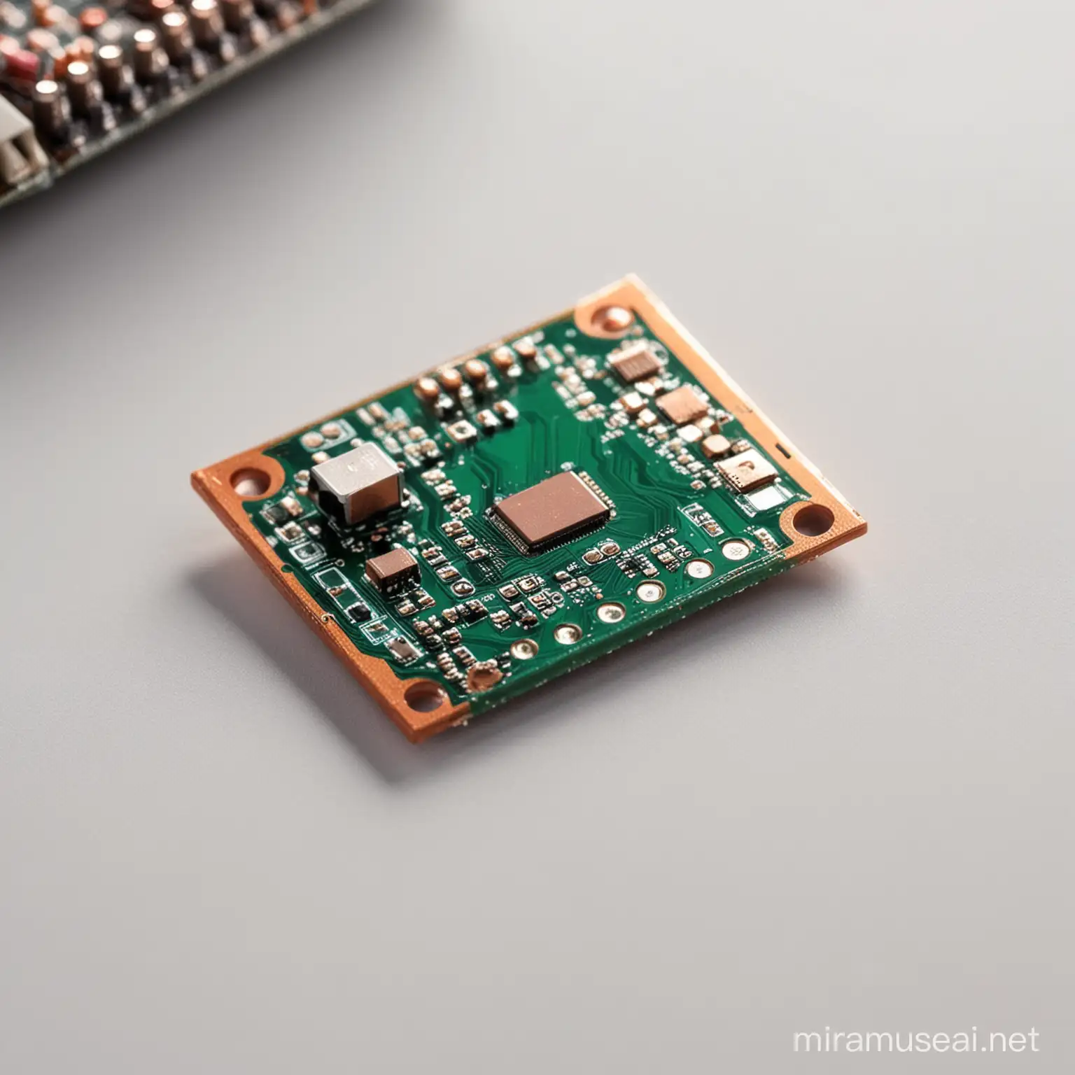 electrical small PCB board on a white background at a beautiful angle with backlight shiny copper