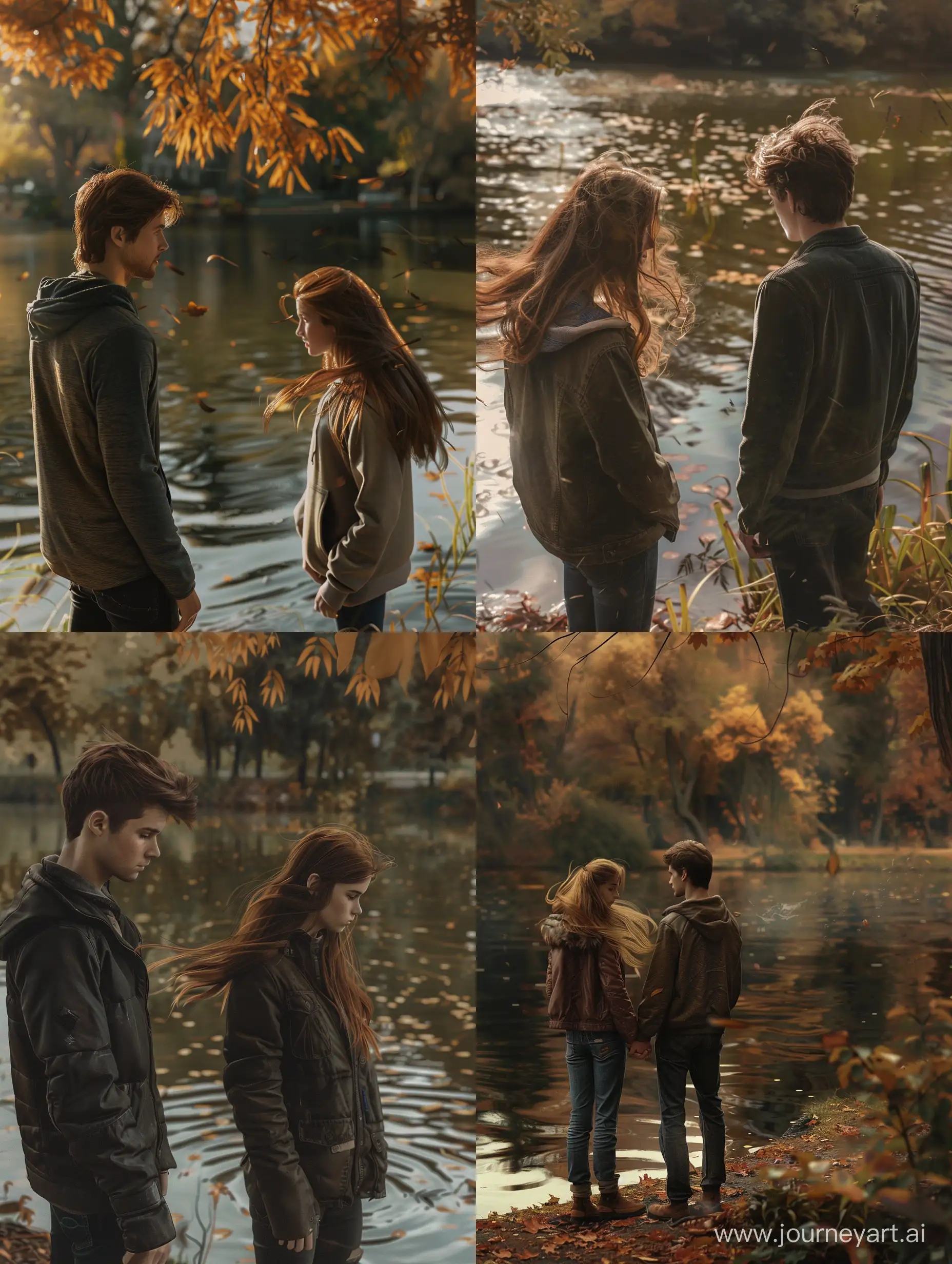 Парень и девушка стоят у пруда, смотрят на воду, ветер развевает их волосы, поздняя осень, парк, гипер-детализация, высокое расширение, мягкий свет.