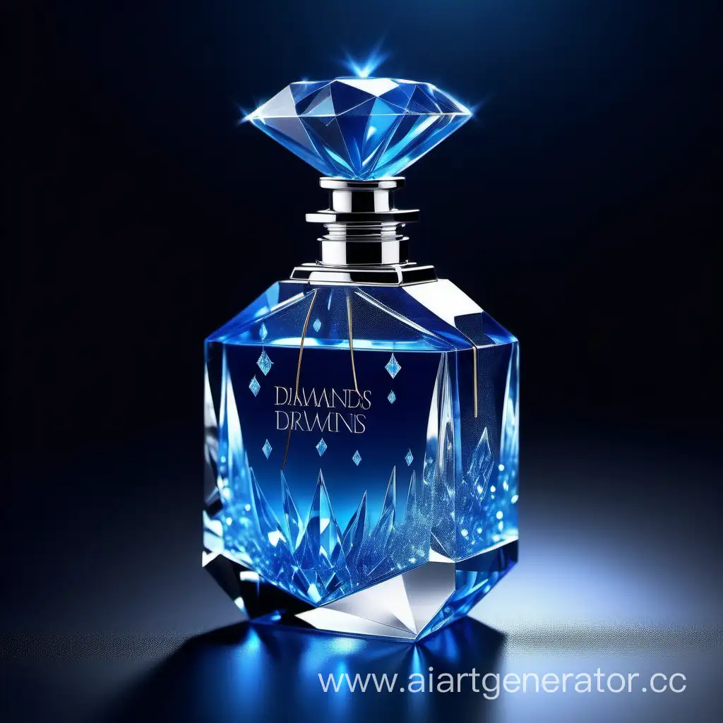 a crystal clear diamonds, with glowing sparks perfume bottle made of blue transparent 