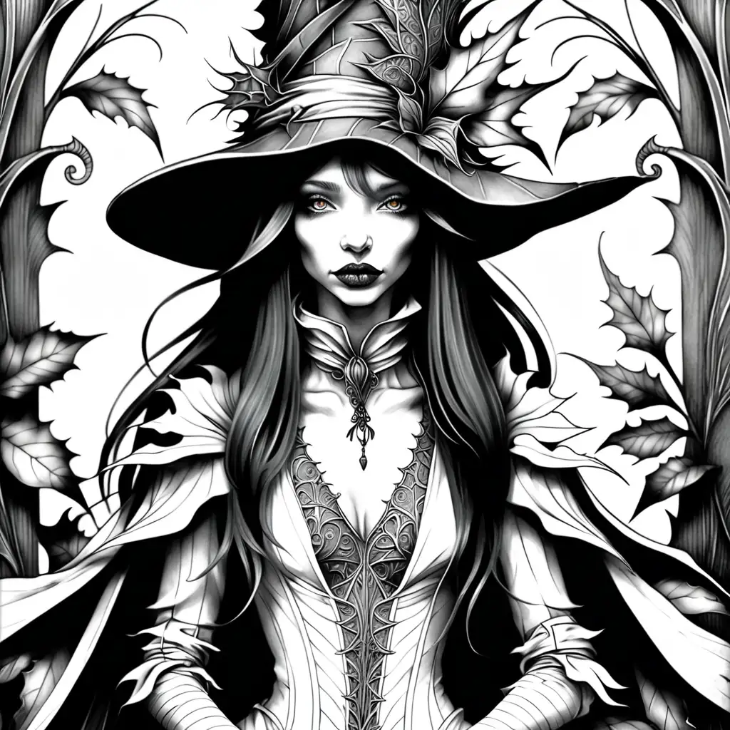 adult coloring book, black and white. Illustrated, dark lined, no shading, highly detailed. a fantasy fashion scene inspired by Brian Froud