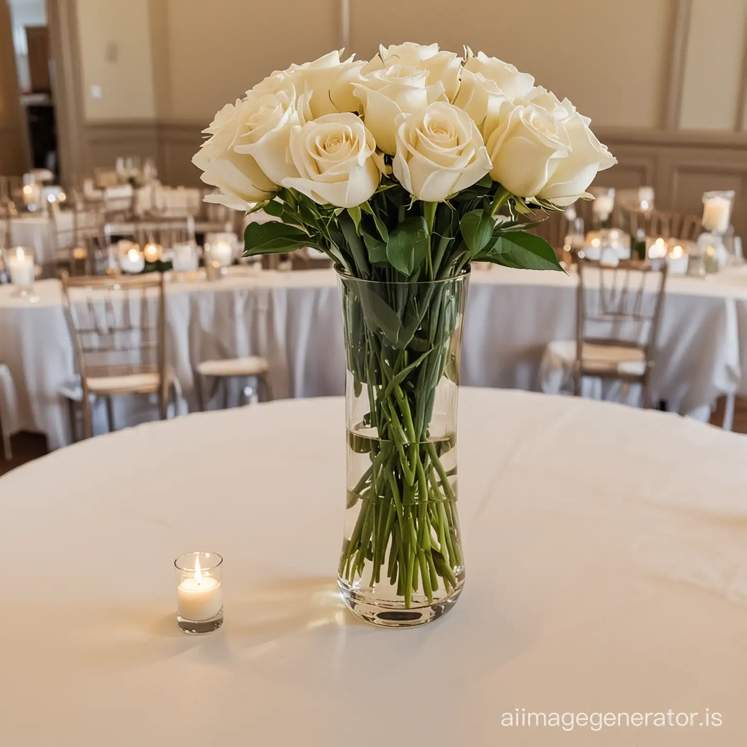 a wedding reception with a dozen white roses in a simple glass vase on one table and all other tables have a single white rose in a bud vase
