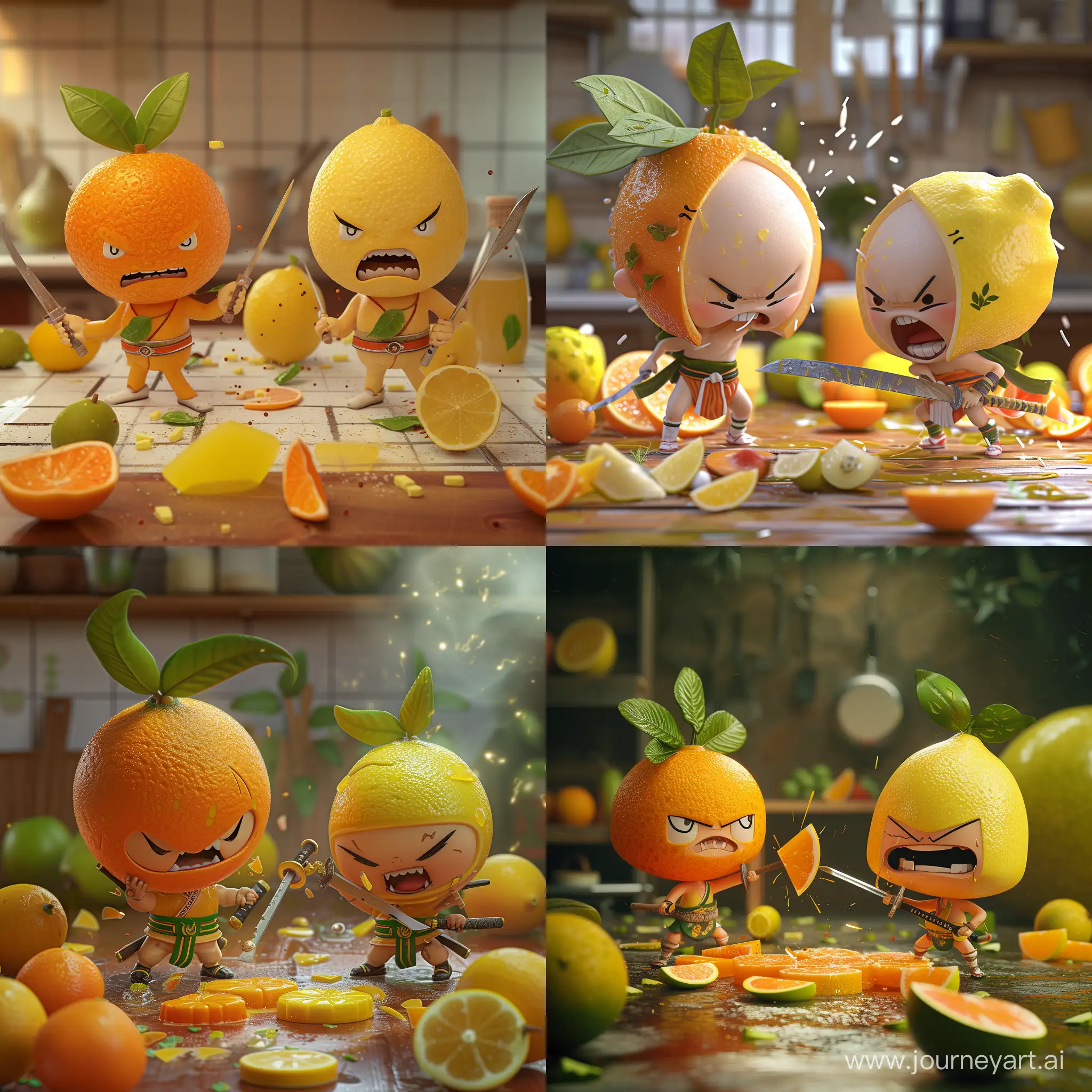 scene in a kitchen. a cute character with a big head shaped like an orange with leaves will fight another cute character with a big head shaped like a lemon with leaves. Both characters have very small bodies with very thin arms and very thin legs. They wear samurai belts and look angry. They hold a saber to attack each other. on the ground, there are large pieces of fruit (orange, apple, lemon, etc.) and fruit juice. anime style, dramatic and dark atmosphere 3D