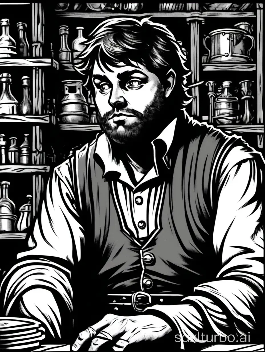 line art, a pretty young Carl Benjamin:inn keeper, in a tavern, impatient expression, dark and moody atmosphere, close up, 1bit bw, black border, style of 1979 Dungeons and Dragons, by Russ Nicholson,