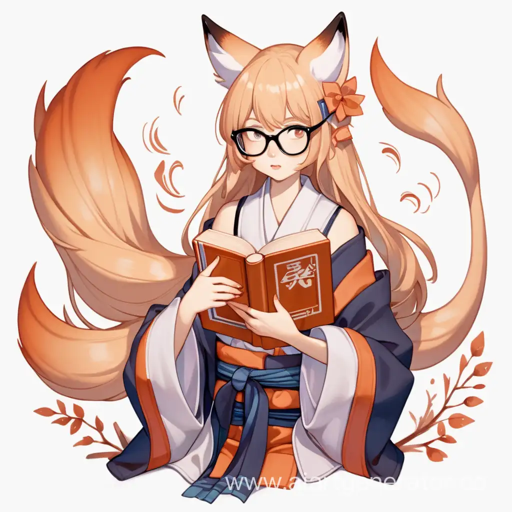 Кицунэ-девушка человек с очками и книгой в руках