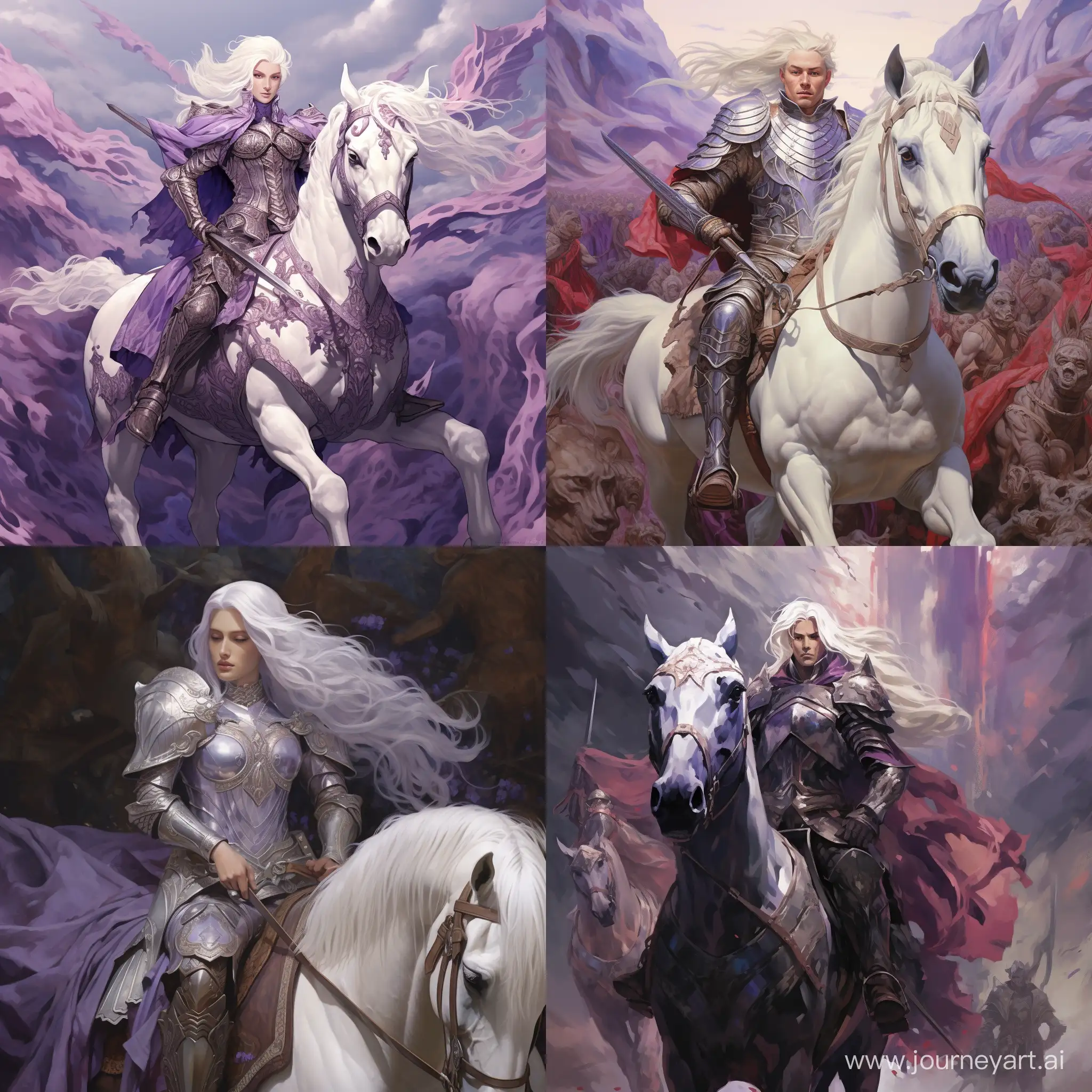 Fucking huge knight with a scares and purple eyes and white hair ridding a blody horses 