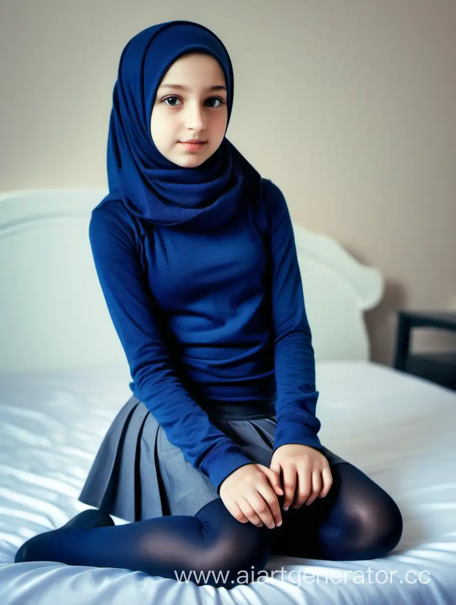 A girl wear a hijab. The girl is 12 years old. She is so beautiful girl. She wears a mini school skirt, navy blue opaque tights, sport shoes. Slim legs. Sits the bed. Petite, cute. Russian. Ultra Realistic face. Close-up body. She most beautiful girl in the world.