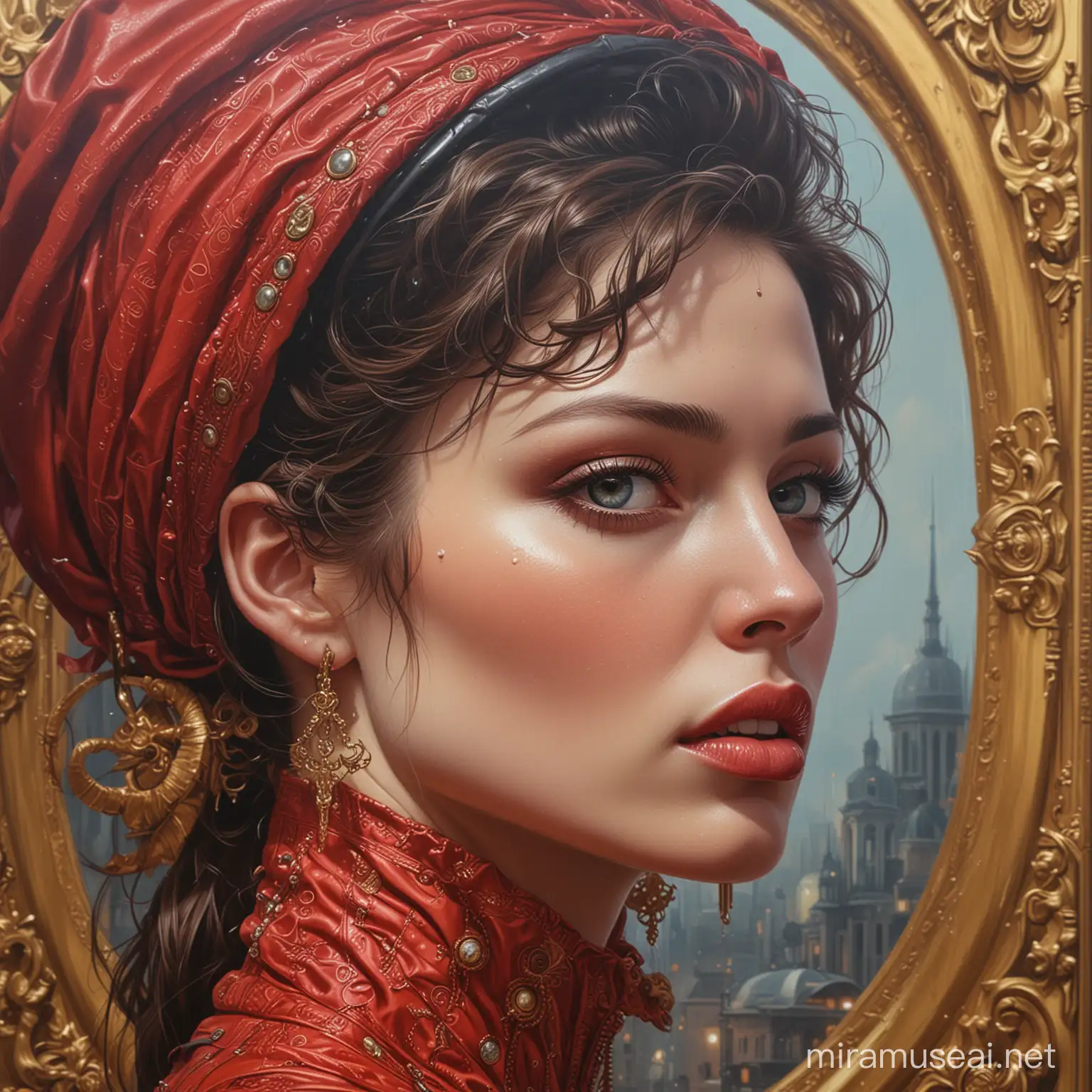 style of realistic hyper-detailed portraits, meticulously detailed, futuristic victorian, large canvas paintings, baroque in futuristic style by Brian Despain, dripping paint, landscapes, high detail, surreal city scenes, stylized Mars Ravelo, Mati Klarwein,--no blur, no bokeh --ar 127:128 --s 950