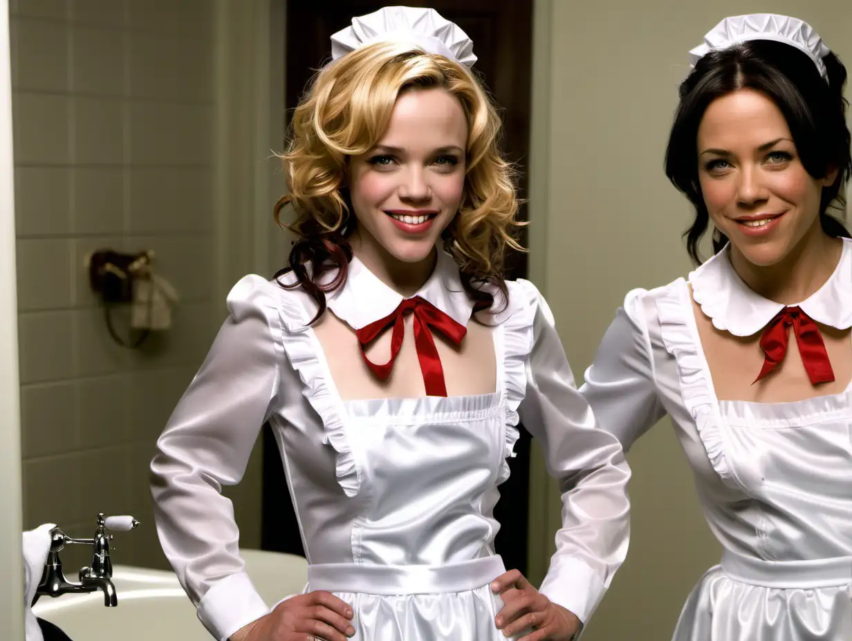 girls in long   crystal silk satin retro maid  gown with white apron and peter pan colar and long sleeves costume and milf mothers long blonde and red hair,black hair  full size  rachel macadams and jenifer aniston smile clean bathroom and medical gloves