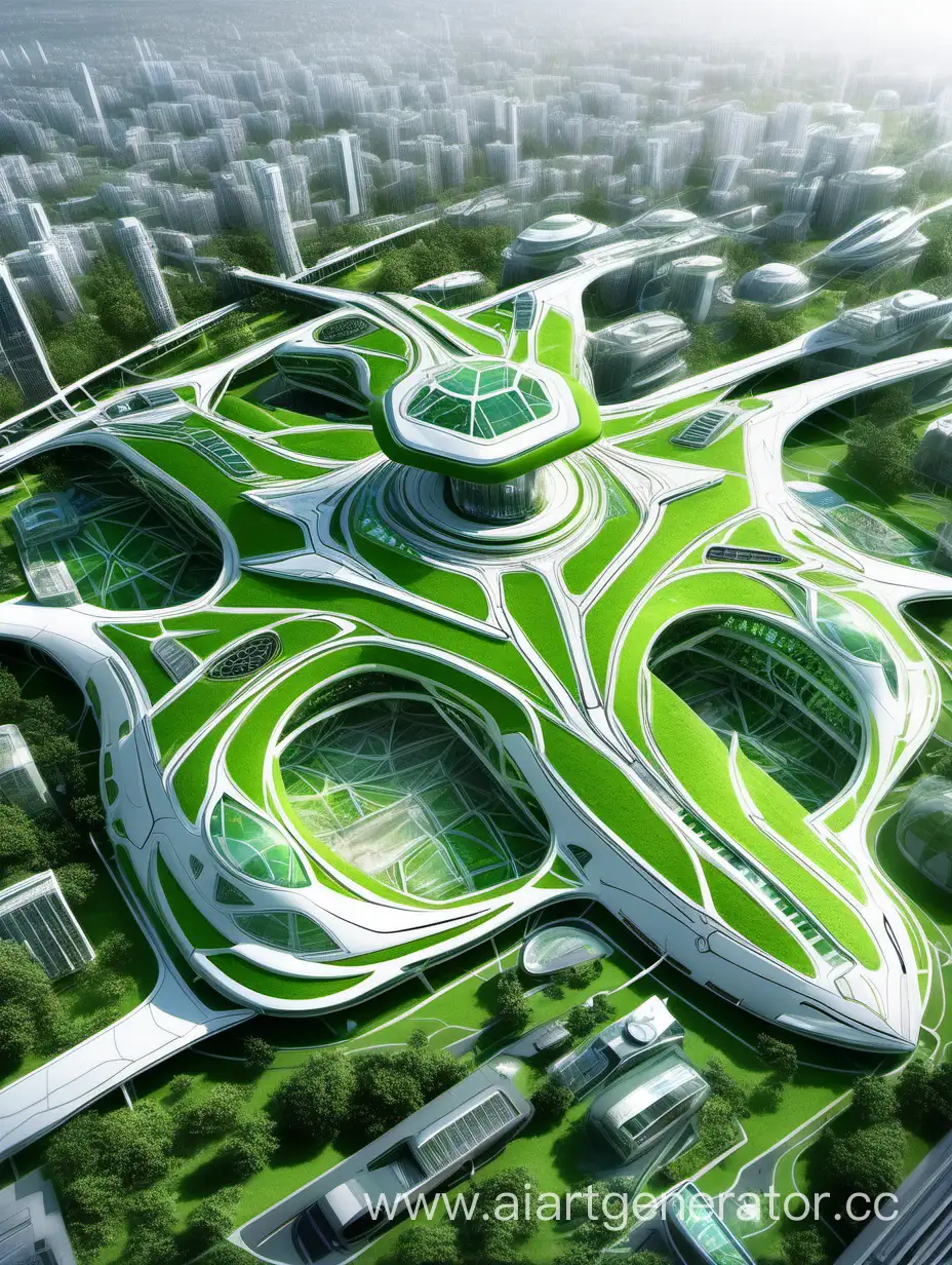 зелёный вокзальный комплекс будущего, крупный план, похожий на адлеровский вокзал.