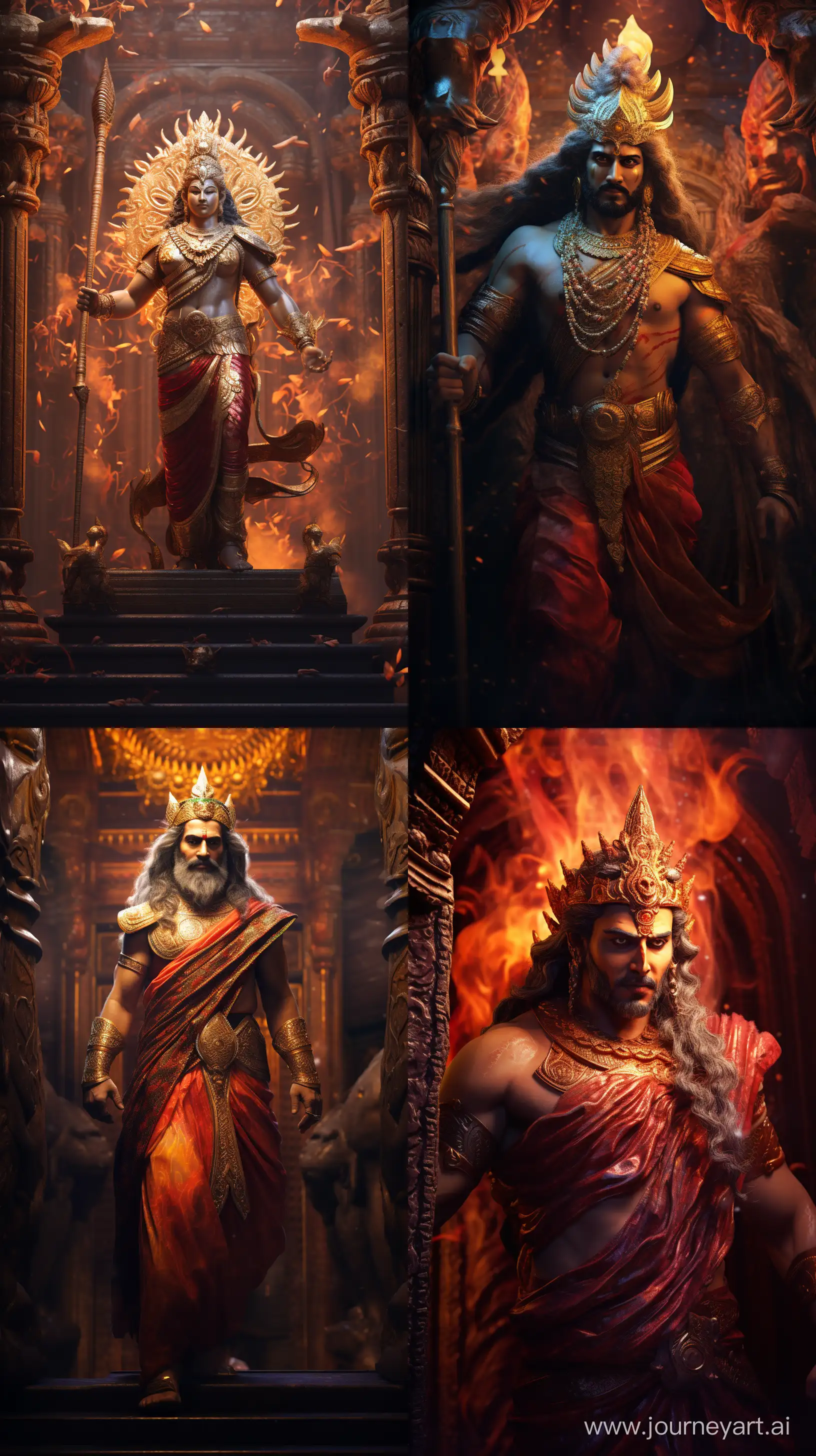 Realistic colorful yet low ambient lighting images depicting Lord Hanumān from Hinduism entering an entrance, close-up image, brownish toned image, intri details, 8k --ar 9:16