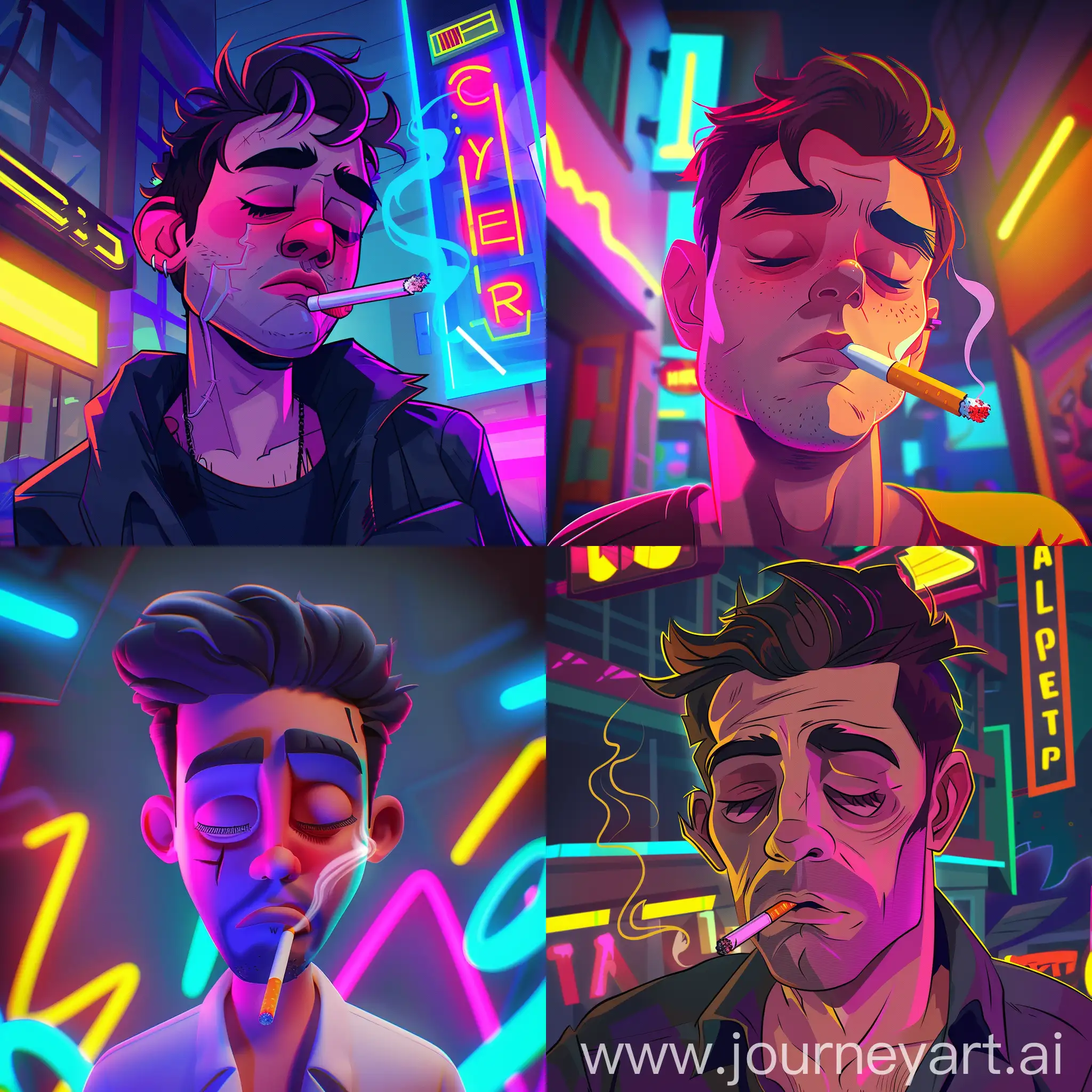 generate an image of a cartoon character tired from his 9-5 work, smoking a ciggarette. His under-eyes are puffy from lack of sleep. Scene should be set at nighttime with bright neon lights surrounding him