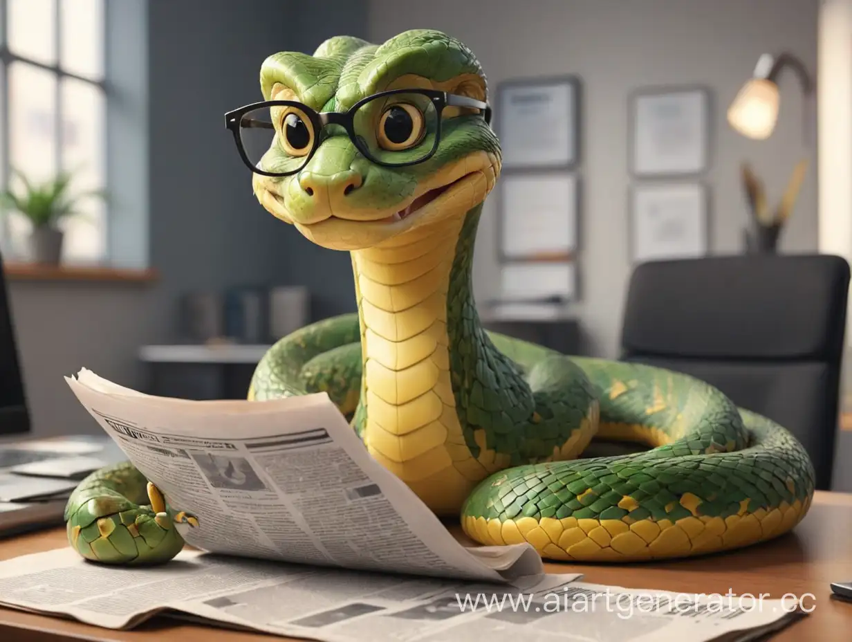 красивая змея в офисе в очках читает газету