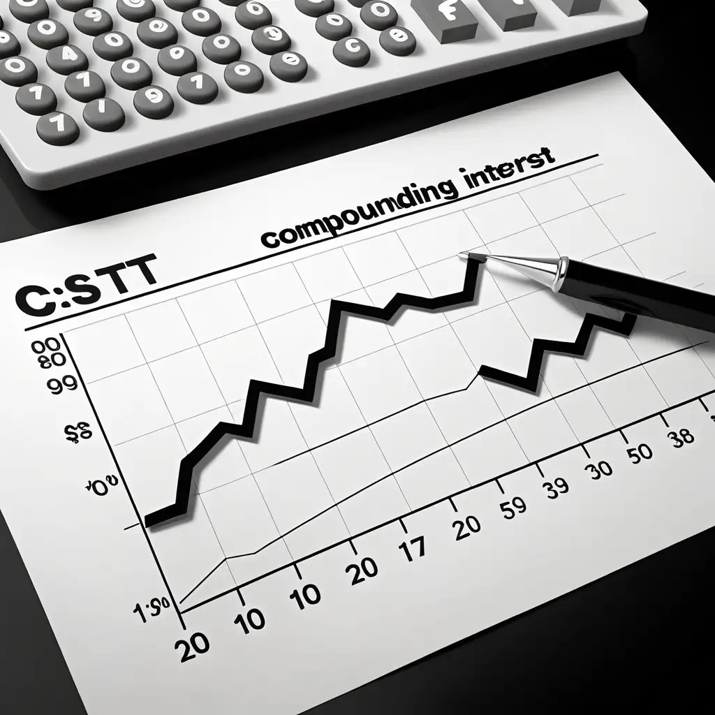 Simple Black and White Cartoon Chart of Compounding Interest on White Background